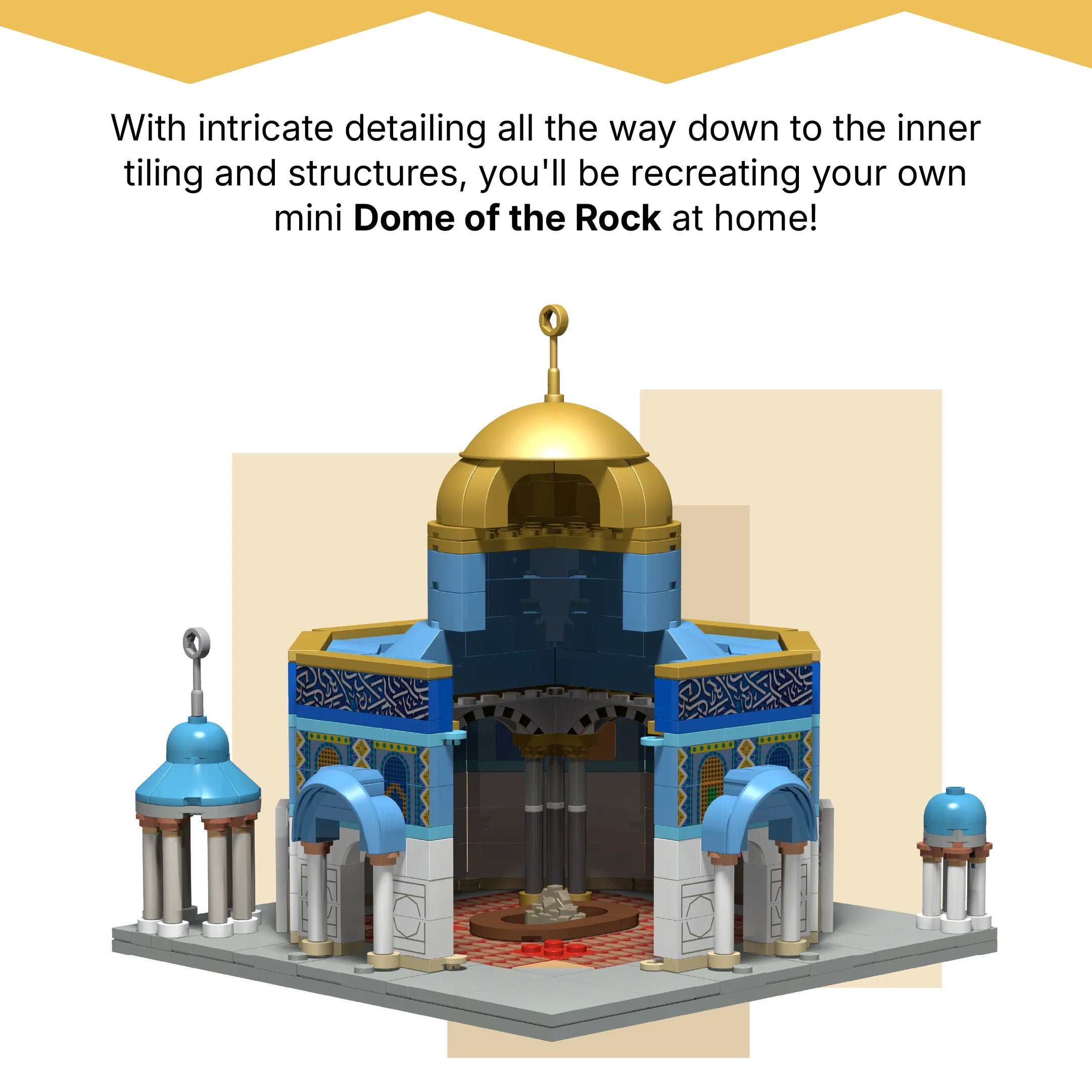 Assembled Dome of the Rock building block model cutout showing the golden dome and as sakhra rock (mobile copy)