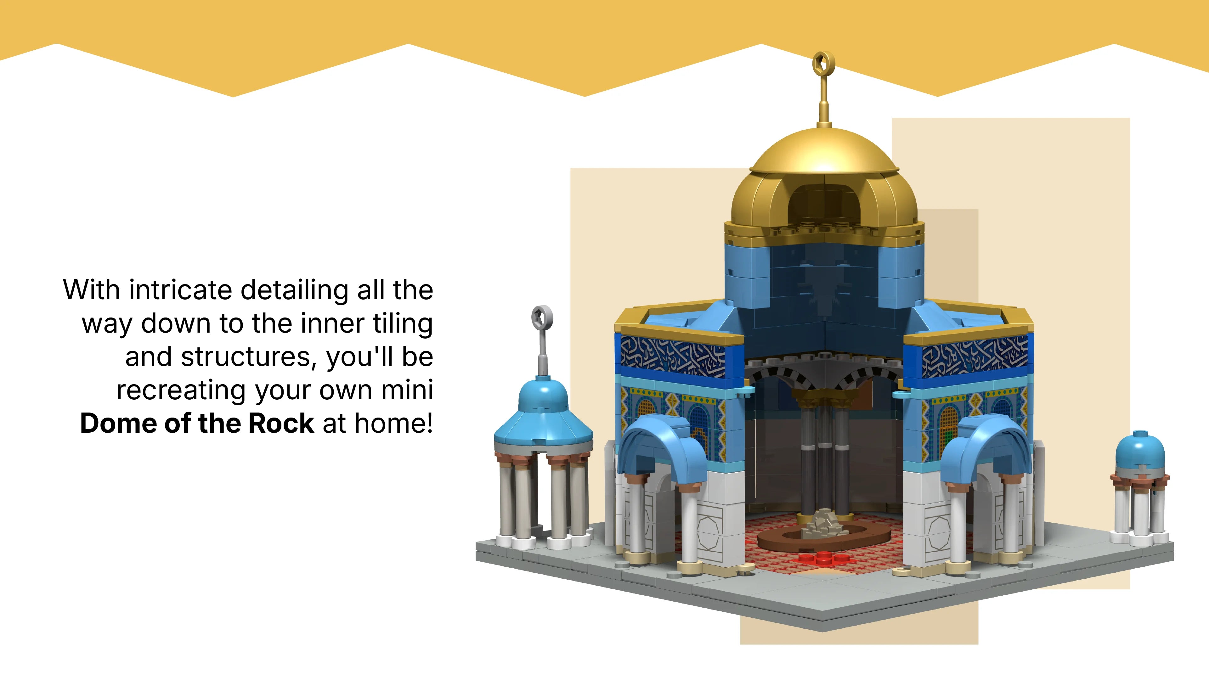 Assembled Dome of the Rock building block model cutout showing the golden dome and as sakhra rock