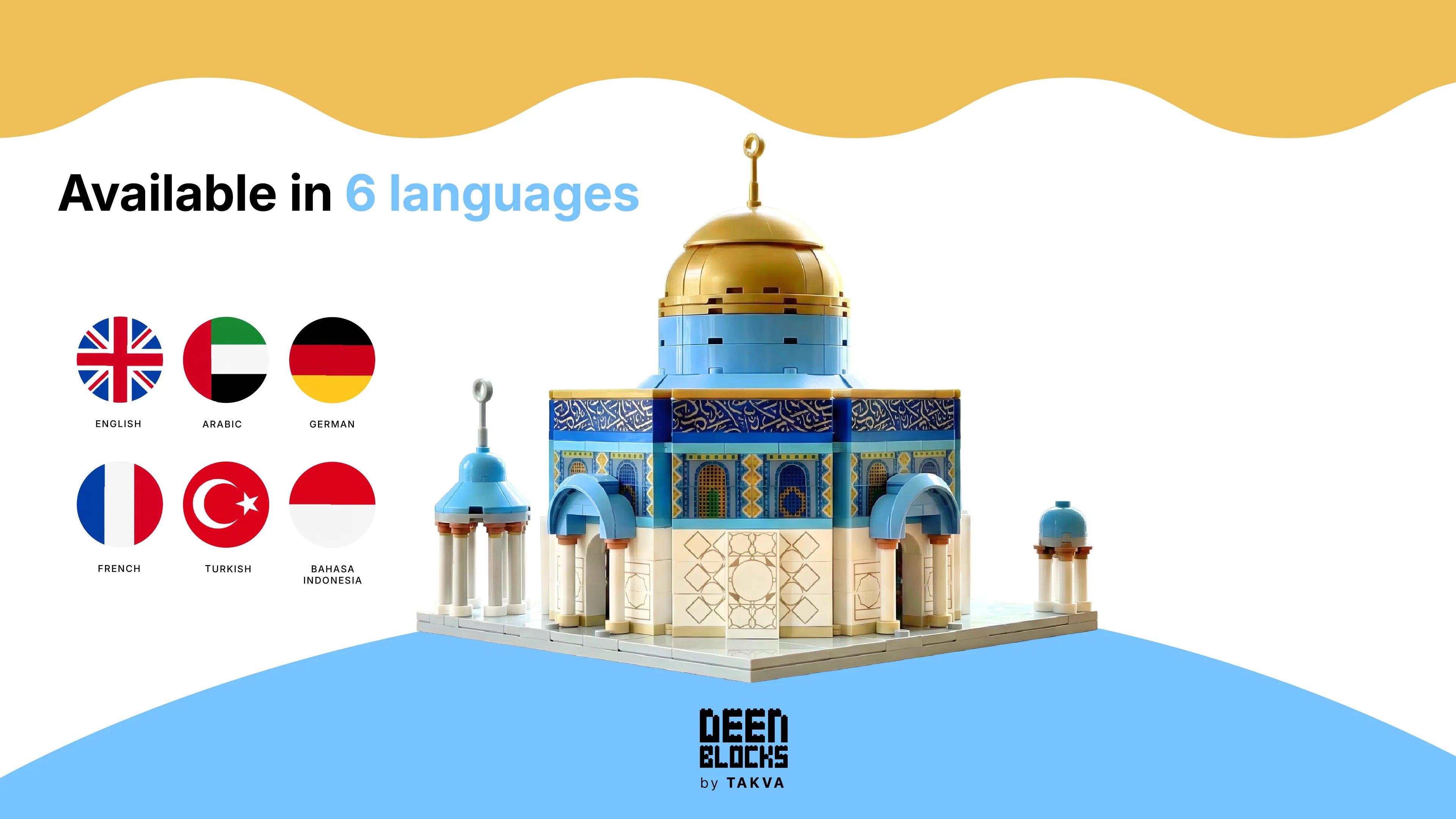 Flags showing the Dome of the Rock guidebook available in six languages, including English, Arabic, and German