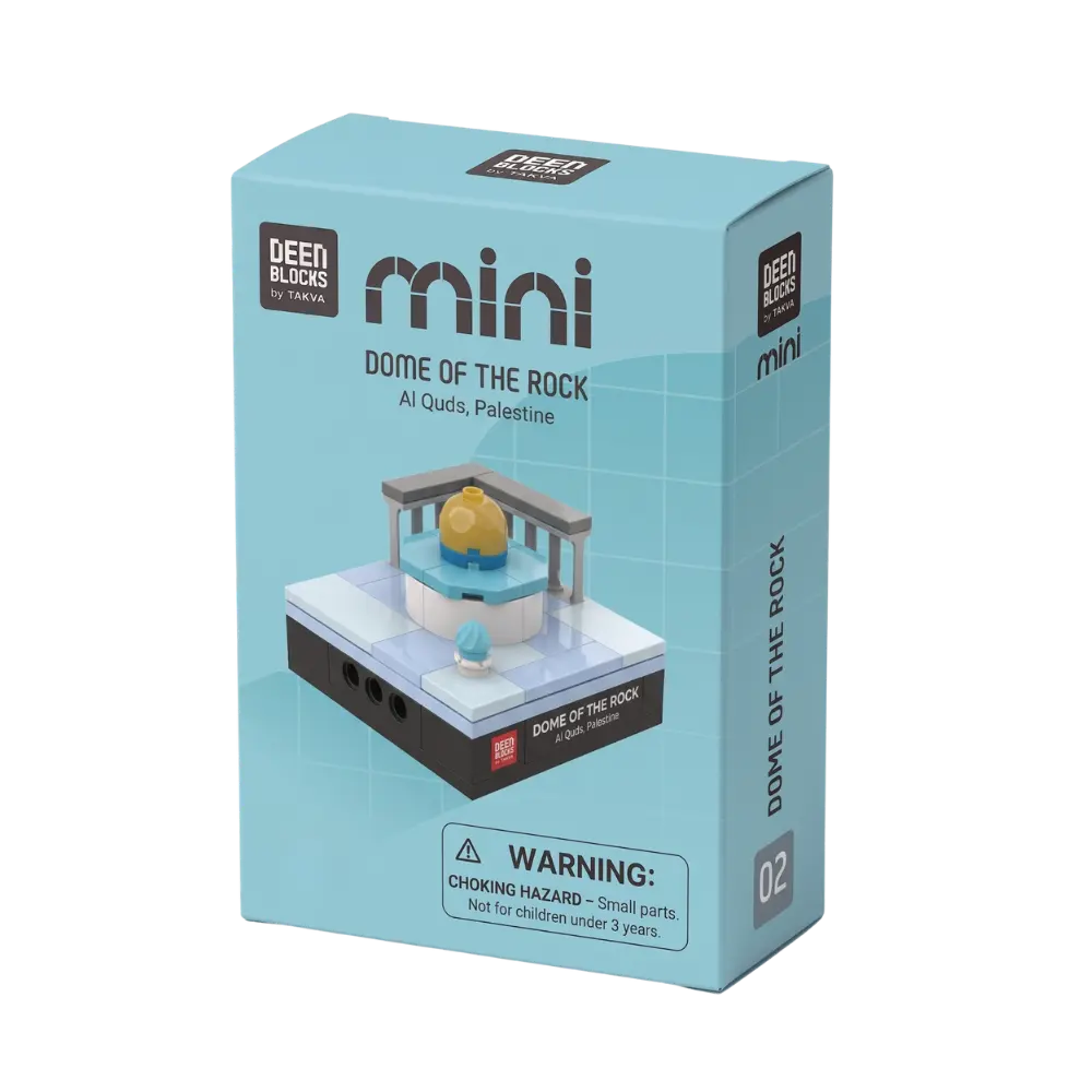 Retail box for the Dome of the Rock mini building blocks set, with the DEENBLOCKS Mini logo and the finished model pictured on the front
