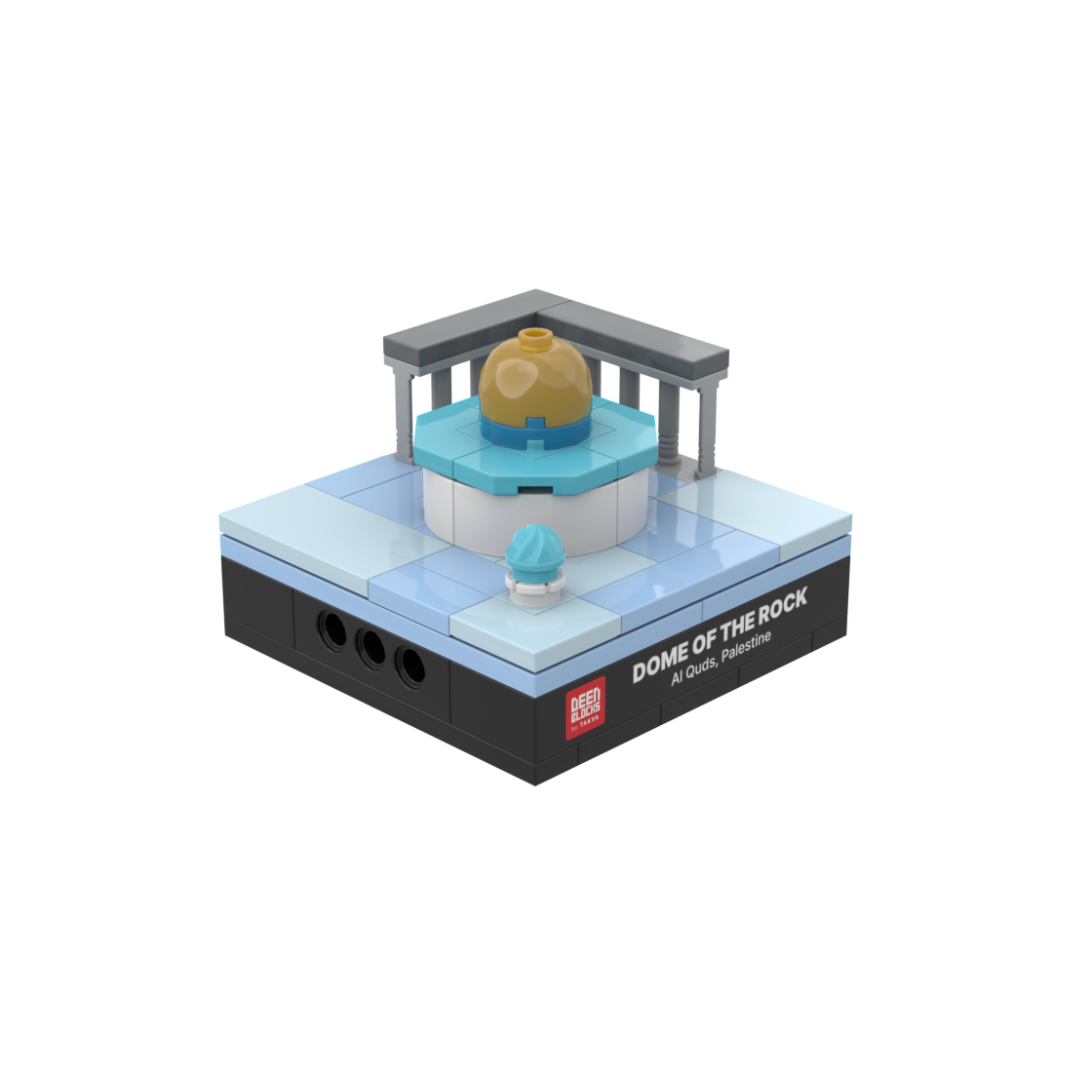 Dome of the Rock mini building blocks set, a desk-size Islamic collectible shown at an angle on white, featuring the golden dome on a turquoise octagon, a grey pillared arcade and the small Dome of the Chain, set on a black DEENBLOCKS nameplate base