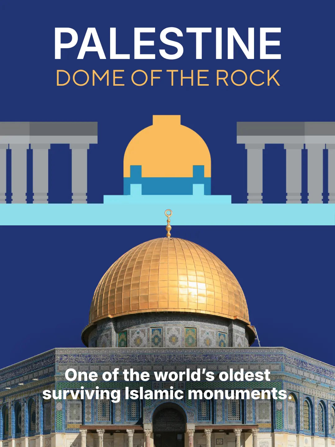 One of the world's oldest surviving Islamic monuments: Palestine, Dome of the Rock panel beside a photo of the real golden dome and blue tiled octagon in Al Quds (Jerusalem), the landmark recreated in the mini building blocks model (mobile copy)