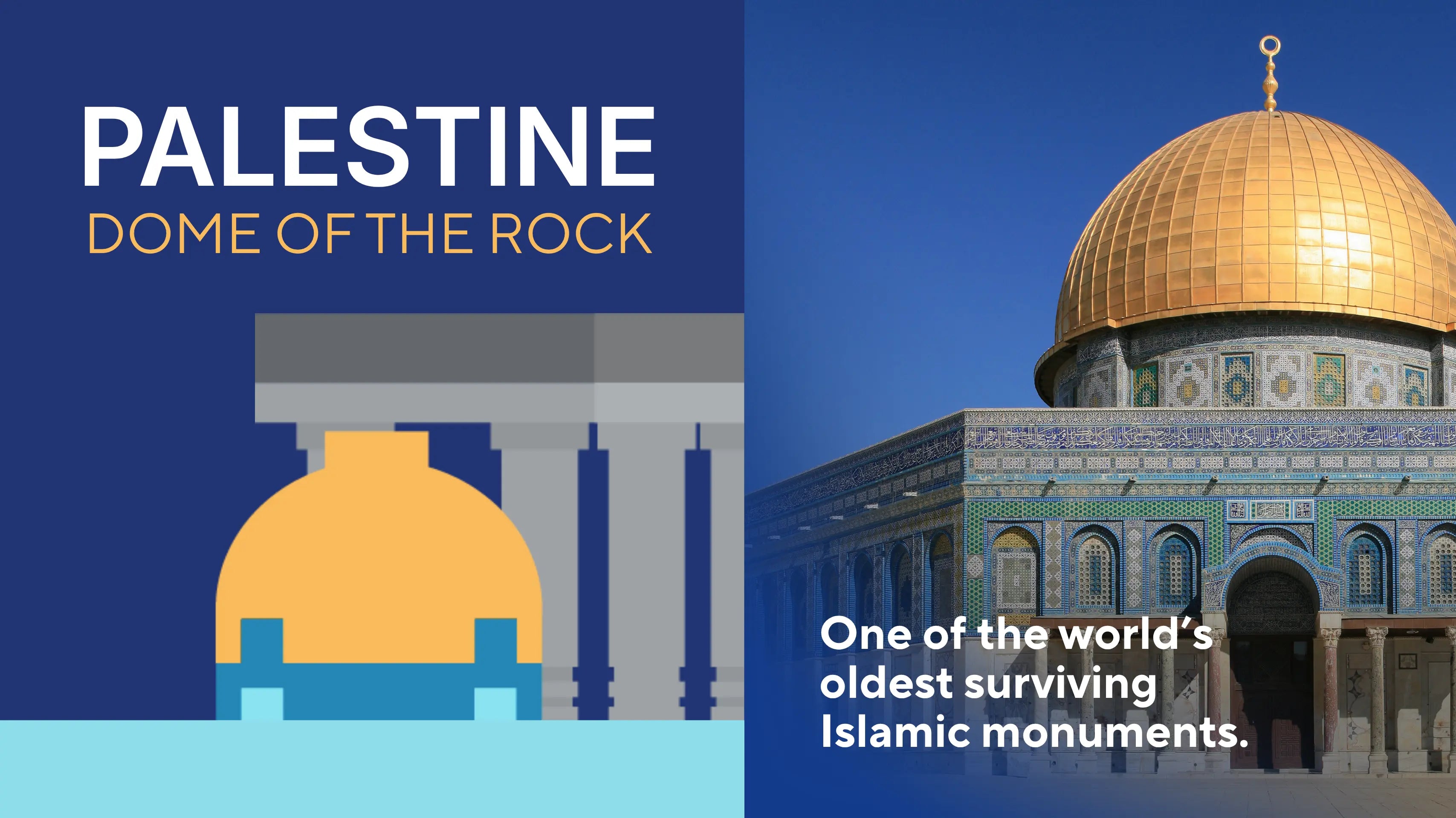 One of the world's oldest surviving Islamic monuments: Palestine, Dome of the Rock panel beside a photo of the real golden dome and blue tiled octagon in Al Quds (Jerusalem), the landmark recreated in the mini building blocks model