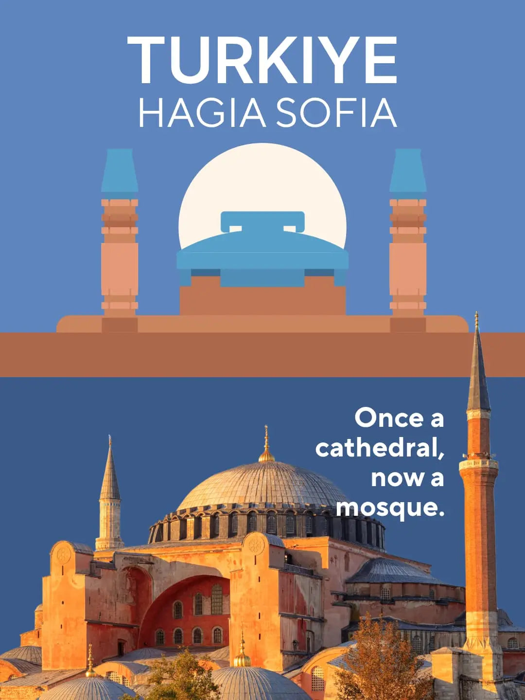 Once a cathedral, now a mosque: Türkiye, Hagia Sophia panel beside a sunset photo of the real Hagia Sophia in Istanbul with its great dome and minarets, the landmark recreated in the mini building blocks model (mobile copy)