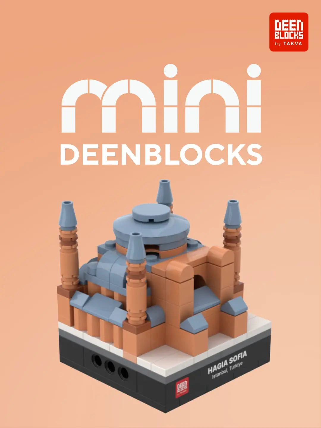 Meet Mini DEENBLOCKS: Hagia Sophia mini building blocks model with terracotta walls, a grey-blue main dome, cascading side domes and four slender minarets on a black display base labeled Hagia Sofia, Istanbul, Türkiye (mobile copy)