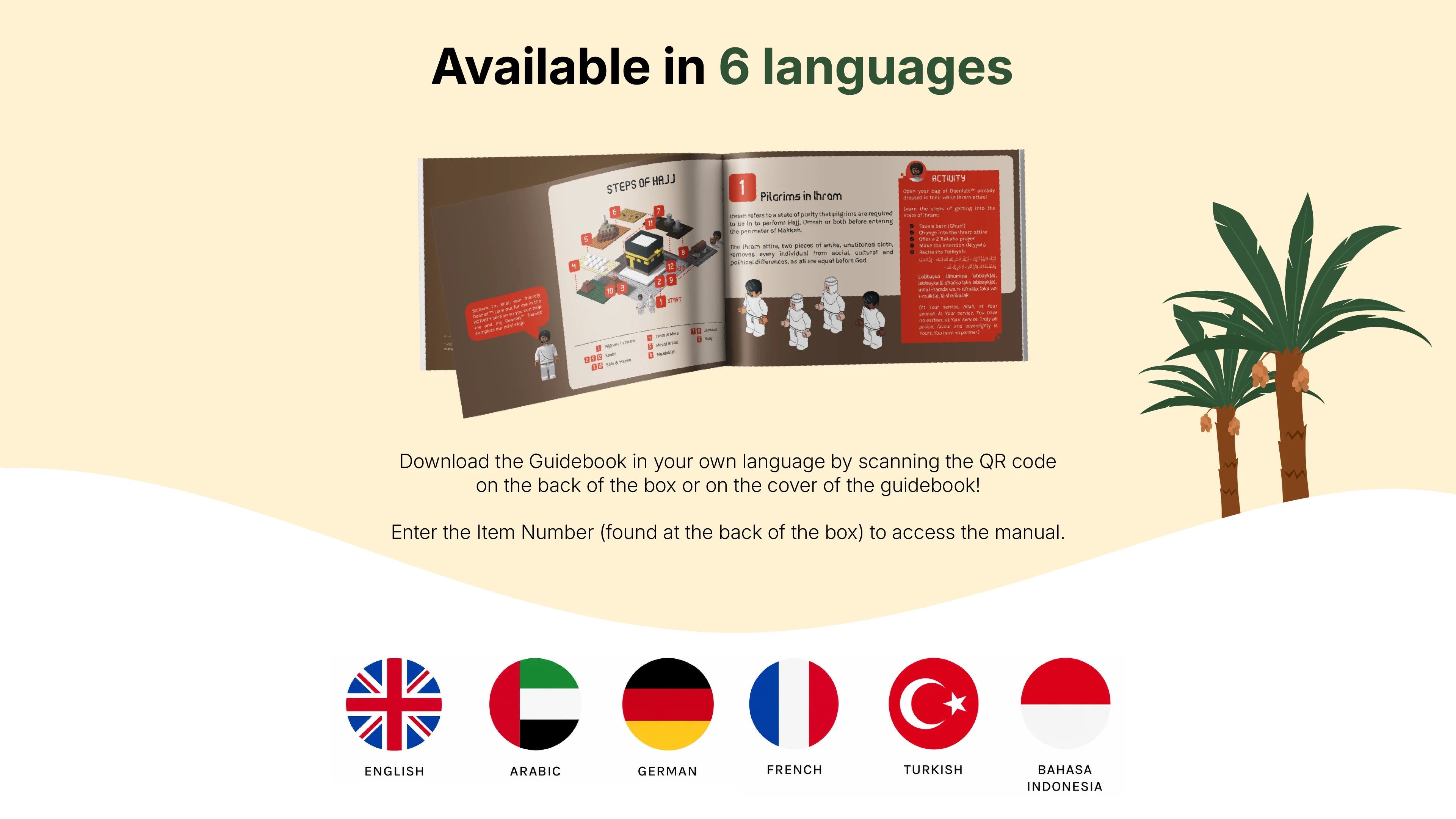 TAKVA Hajj Pilgrimage building block toy manual available in multiple languages