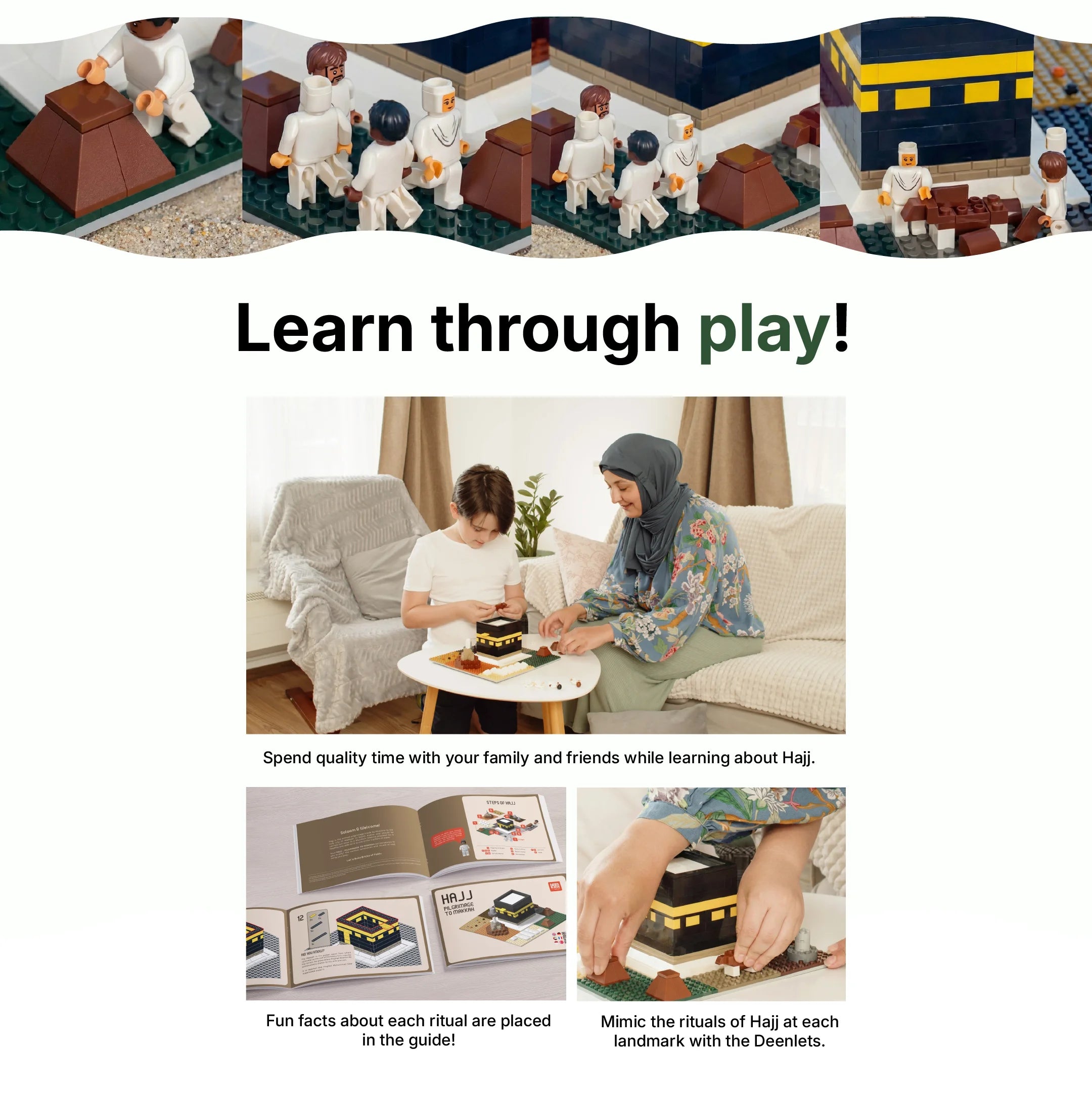 Child learning the steps of Hajj pilgrimage while building the Kaaba with DeenBlocks blocks (mobile crop)