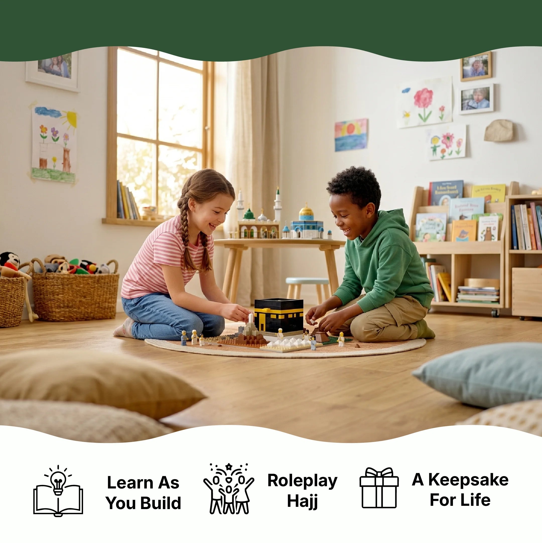 Children playing with the DeenBlocks Kaaba and Hajj Pilgrimage building block set at home (mobile crop)
