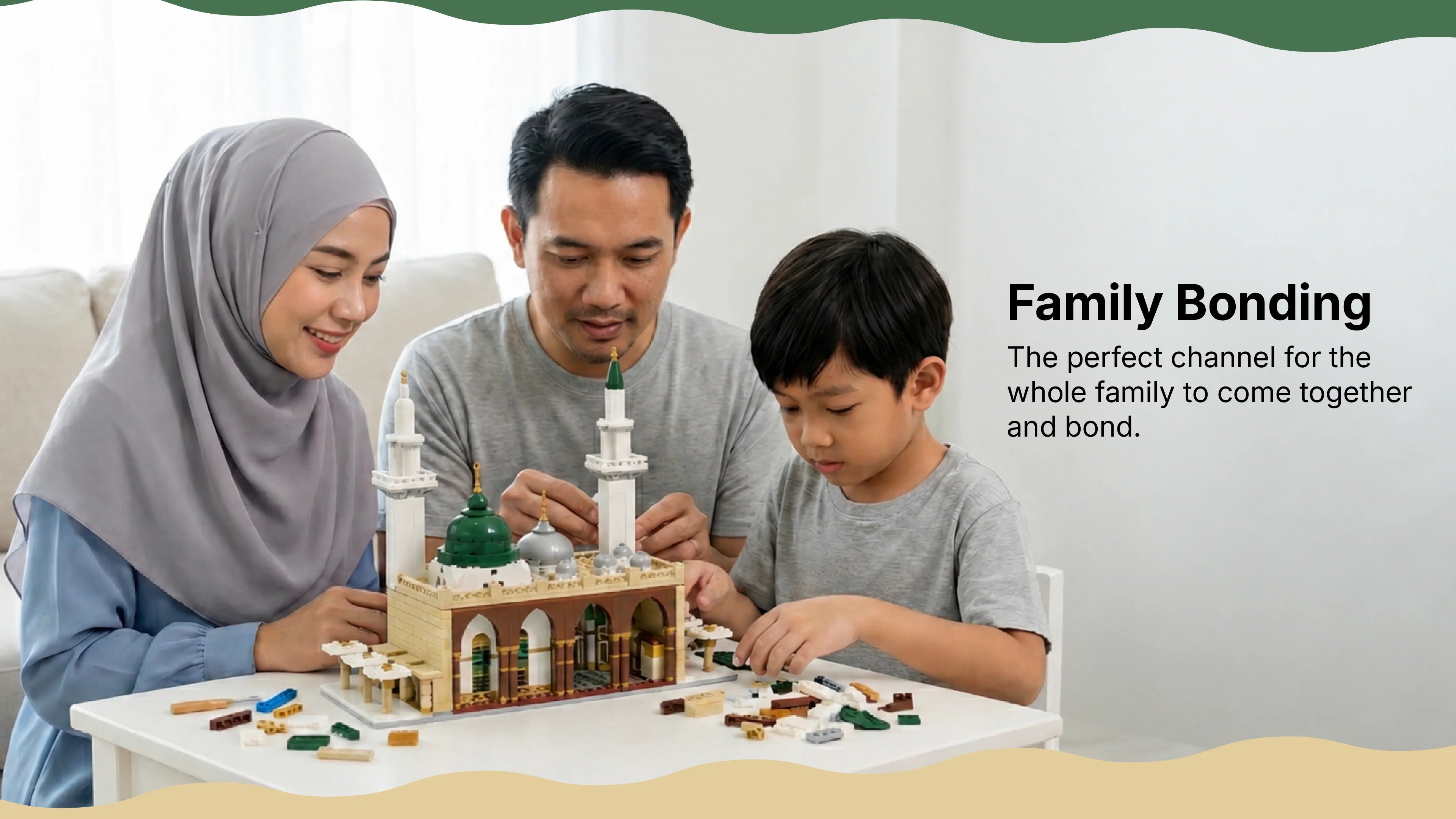 Family building the Masjid An-Nabawi (Prophet's Mosque) block toy together, perfect for whole family to bond and come together