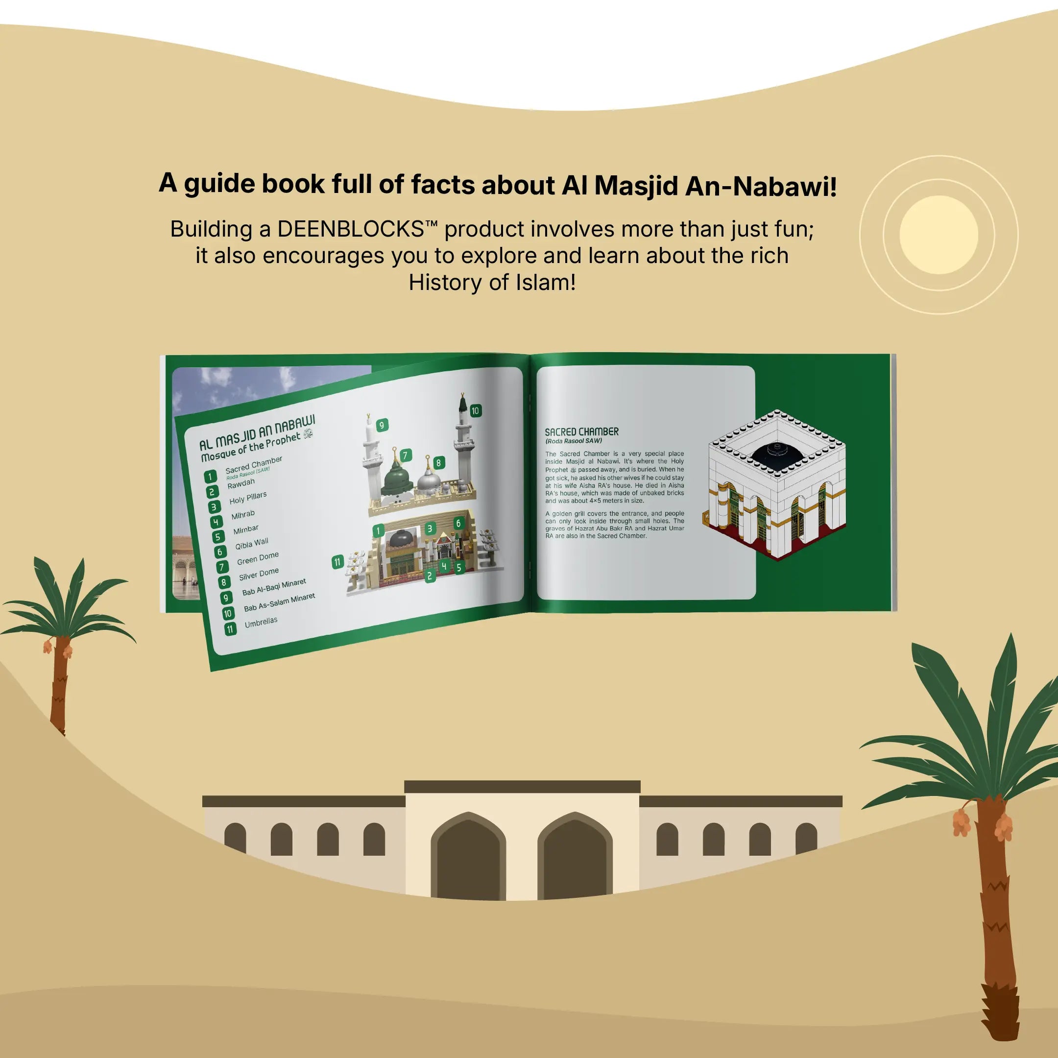 Included guidebook full of facts about Al Masjid An-Nabawi (Prophet's Mosque), covering its history and the Sacred Chamber (Roda Rasool SAW), to help kids learn while they build (mobile copy)