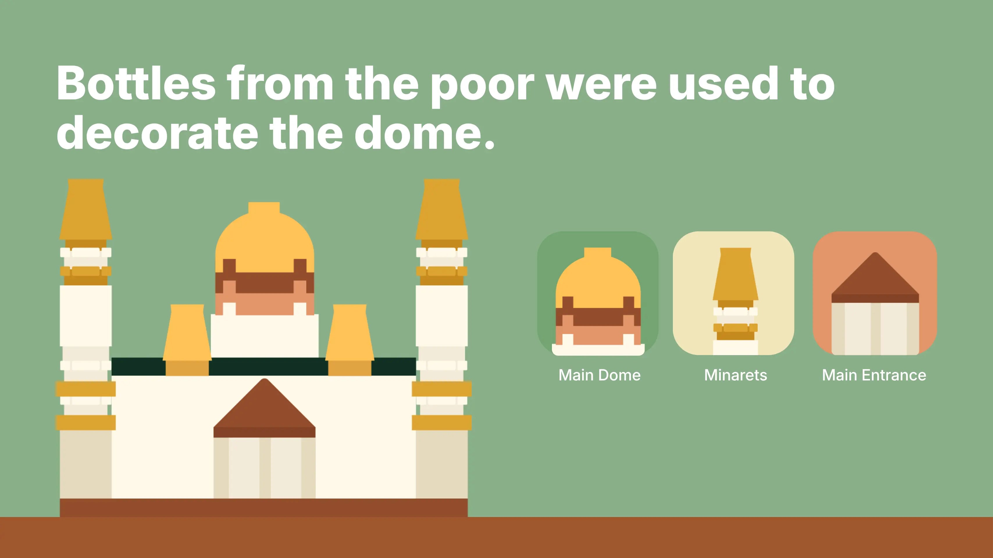 Bottles from the poor were used to decorate the dome: illustrated Masjid Sultan mini model highlighting three features, the main dome, minarets and main entrance