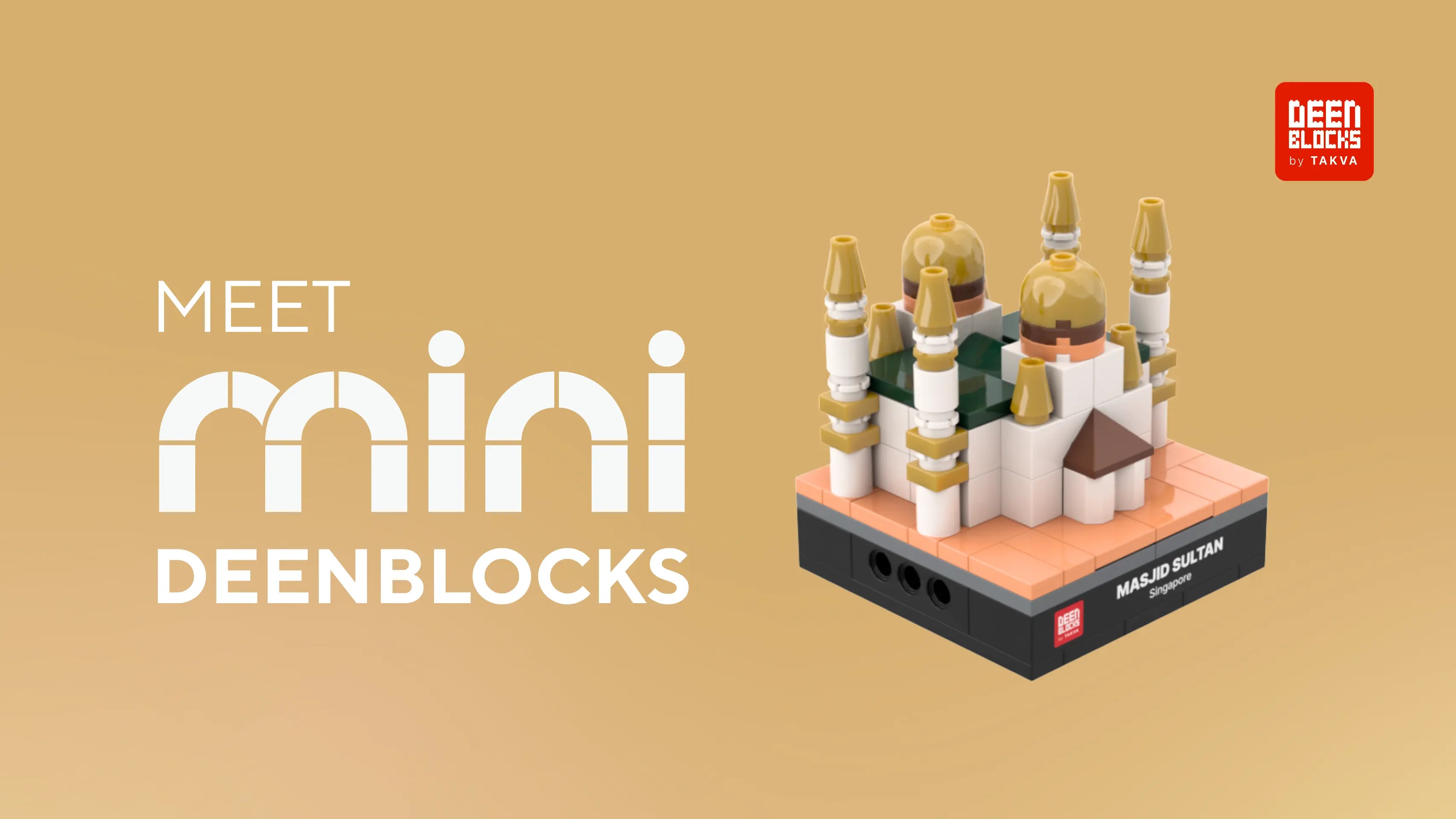 Meet Mini DEENBLOCKS: Masjid Sultan mini building blocks model with its golden onion domes, white walls, gold-tipped minarets and pitched main entrance on a black display base labeled Masjid Sultan, Singapore