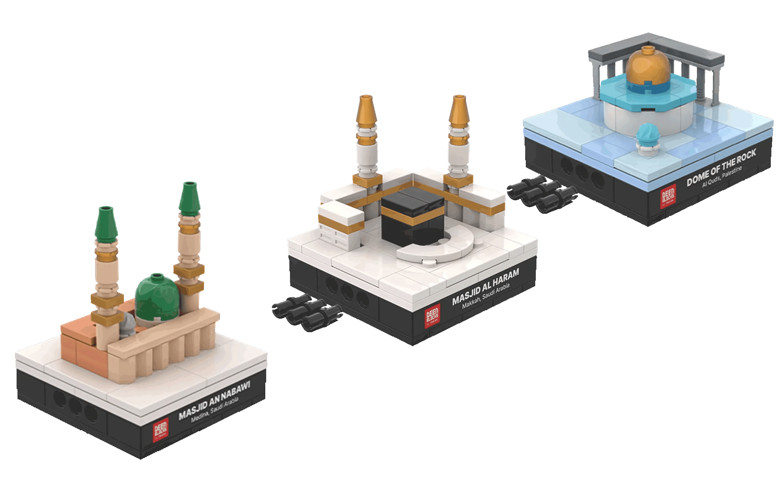 Animation of three mini mosque building blocks models, Masjid An Nabawi, Masjid Al Haram and Dome of the Rock, clicking together on their black nameplate bases to form one connected Islamic landmark display