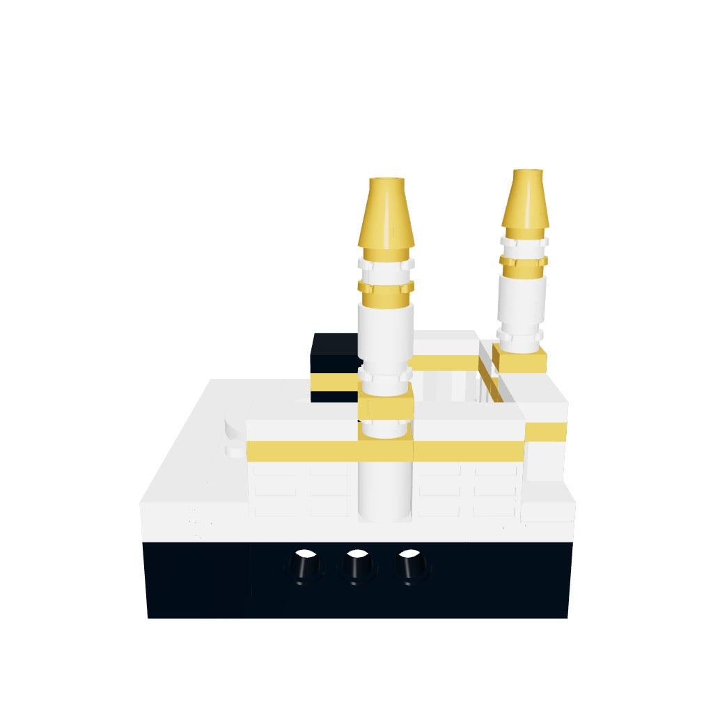 Interactive 3D model of the Masjid Al Haram mini building blocks set that you can rotate and zoom, showing the black Kaaba, gold-tipped minarets and white masjid walls