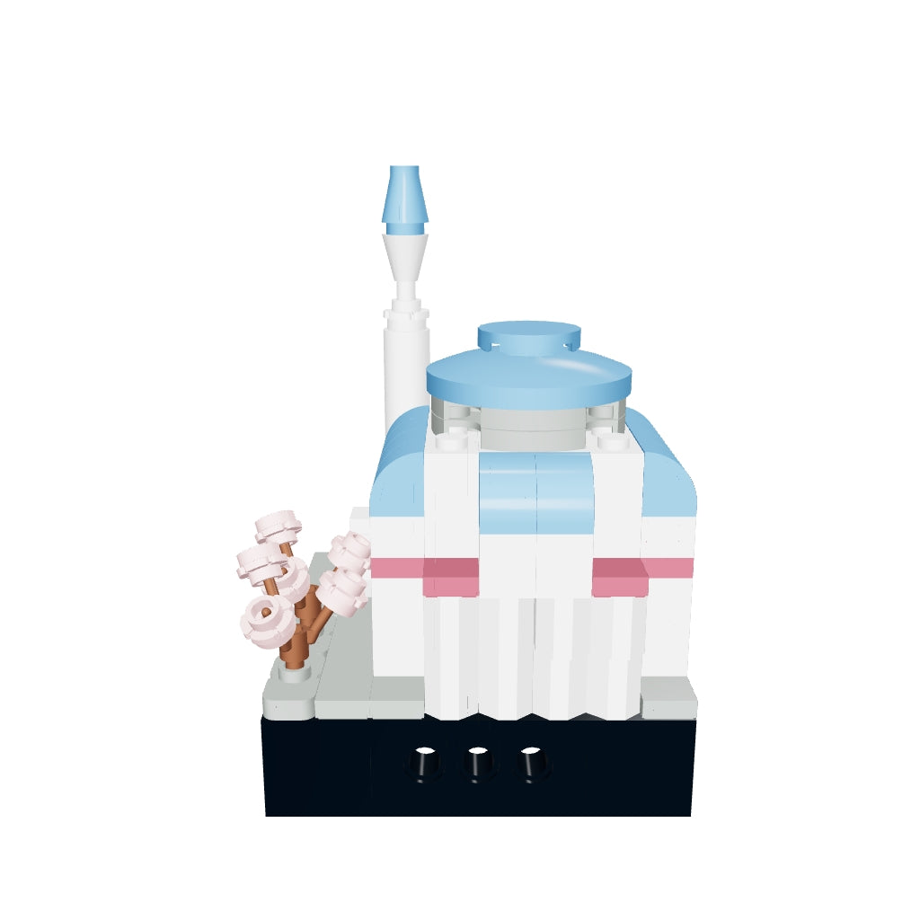Interactive 3D model of the Tokyo Camii mini building blocks set that you can rotate and zoom, showing the light blue domes, white minaret and pink cherry blossom trees