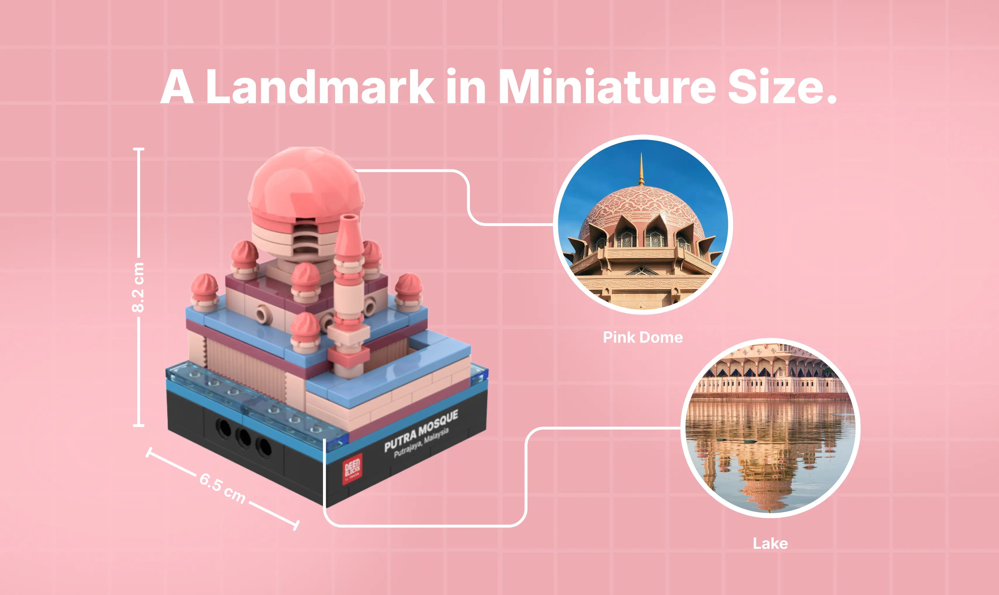 A landmark in miniature size: Putra Mosque mini building blocks model measuring 8.2 cm tall and 6.5 cm wide, with callouts matching its pink dome and lake to photos of the real mosque in Putrajaya