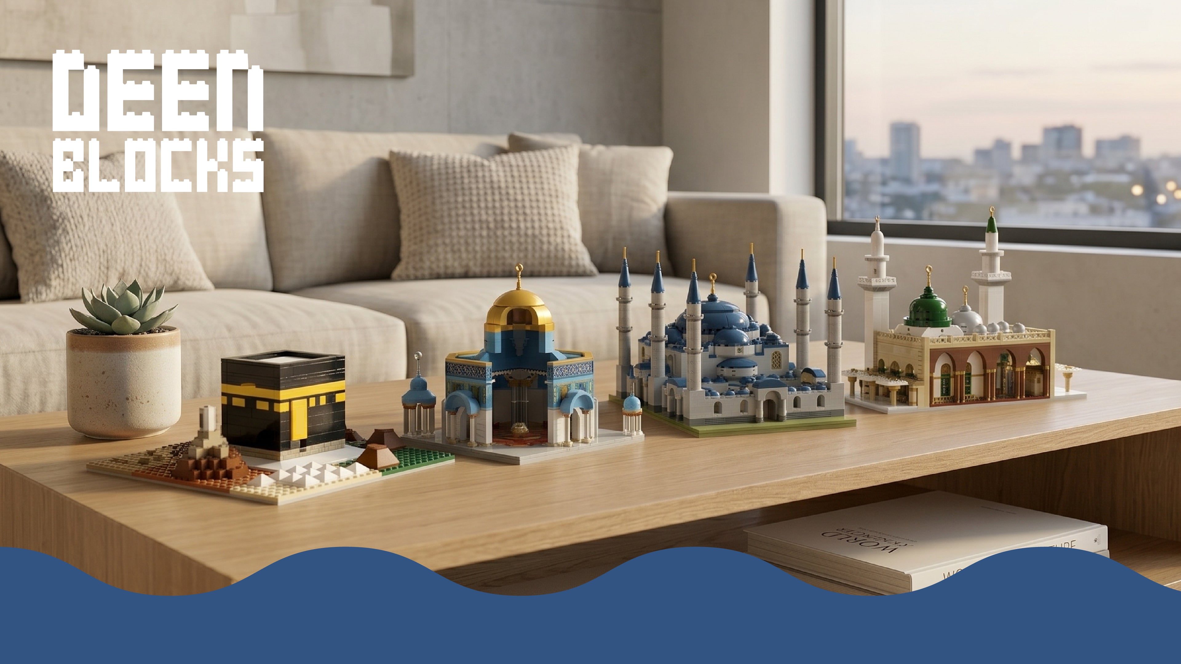 Sultan Ahmet Camii Blue Mosque alongside the rest of the DeenBlocks Landmarks Series — Hajj Pilgrimage, Dome of the Rock, and Blue Mosque — displayed on a coffee table with the product's blue wave