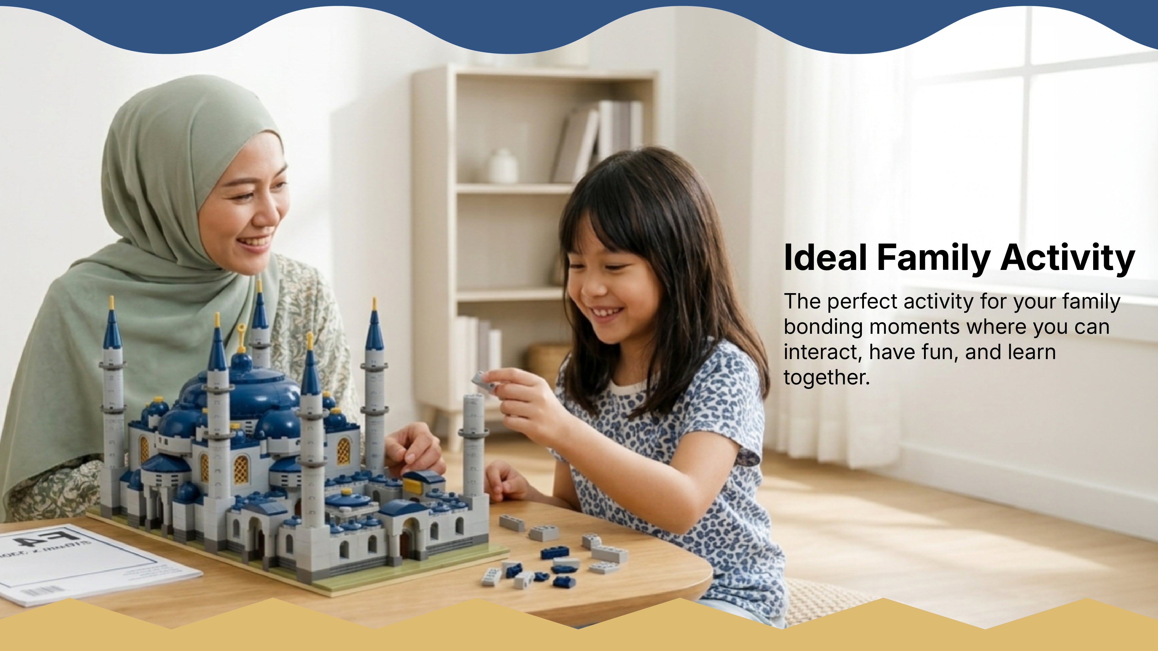 Family building the Sultan Ahmet Camii Blue Mosque block toy together, perfect for whole family to bond and come together