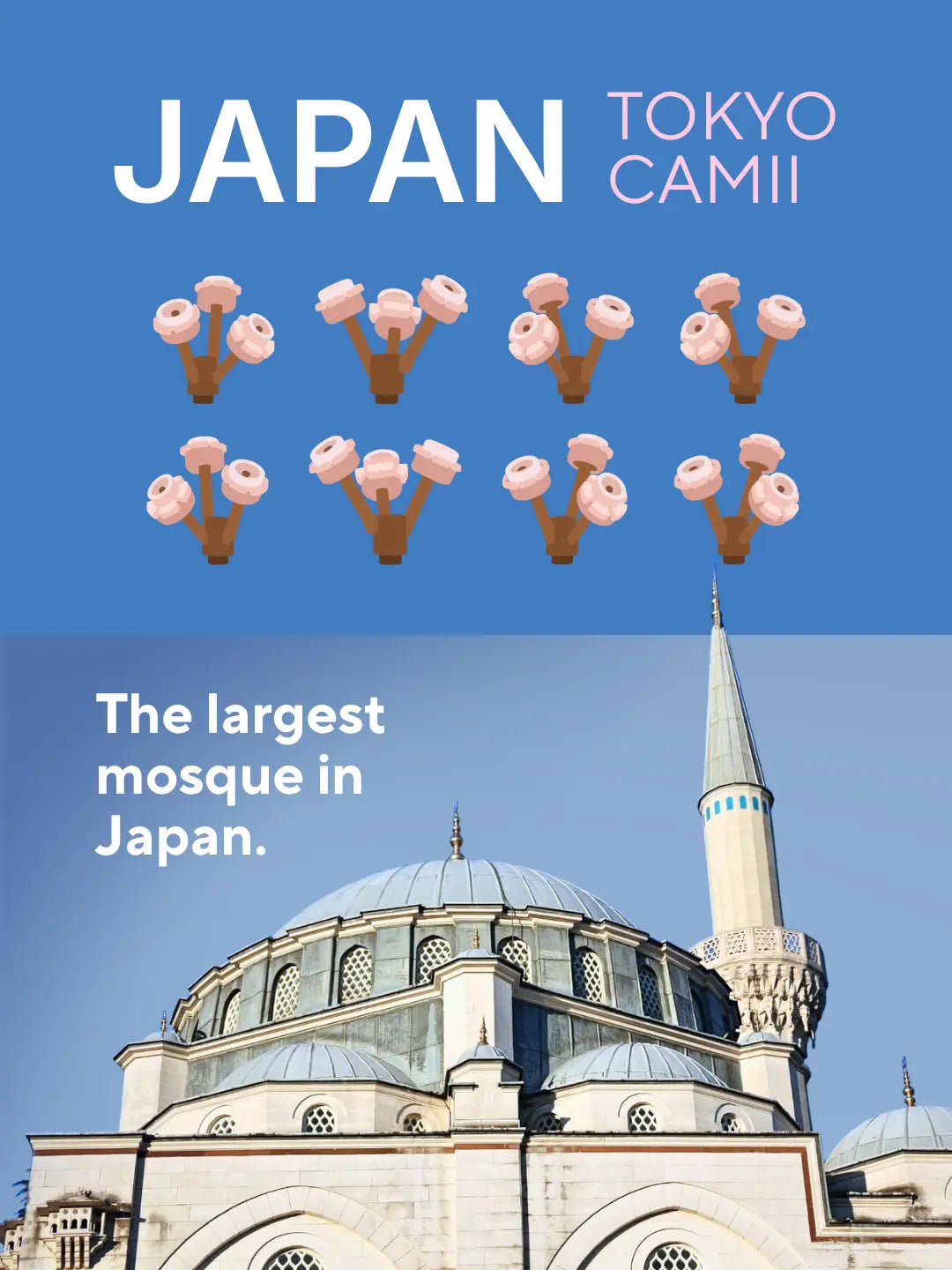 The largest mosque in Japan: photo of the real Tokyo Camii dome and Ottoman-style minaret beside a Japan, Tokyo Camii panel showing the cherry blossom tree pieces from the mini mosque model (mobile copy)