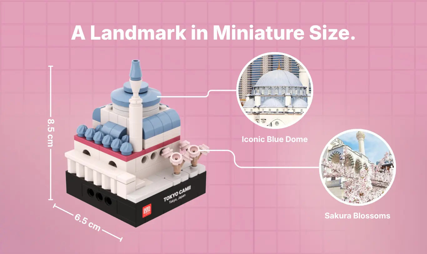 A landmark in miniature size: Tokyo Camii mini mosque model measuring 8.5 cm tall and 6.5 cm wide, with callouts matching its iconic blue dome and sakura blossoms to photos of the real mosque in Tokyo