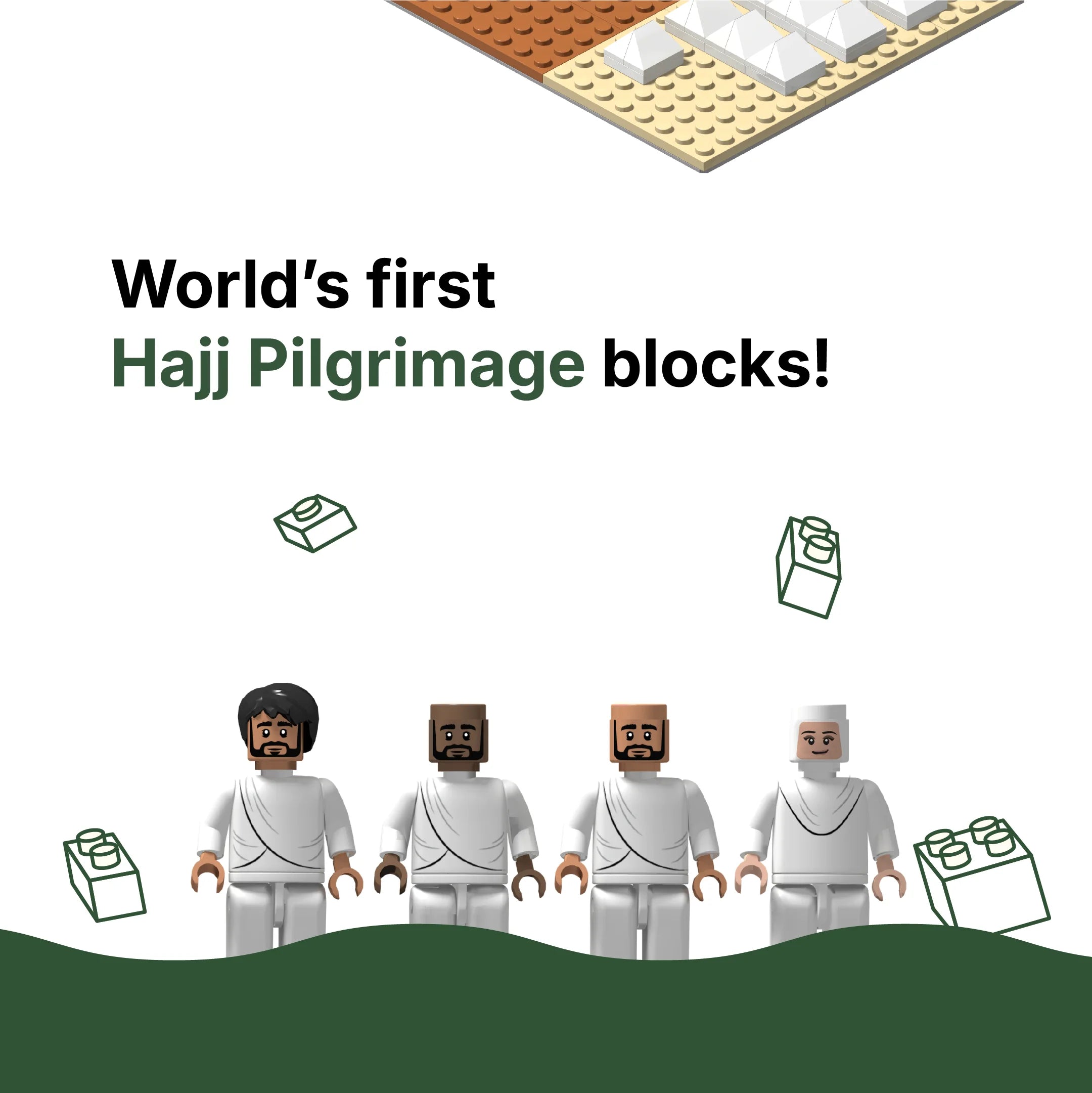 Badge noting DeenBlocks as the first Kaaba-building, Hajj pilgrimage-themed brick-compatible set (mobile crop)