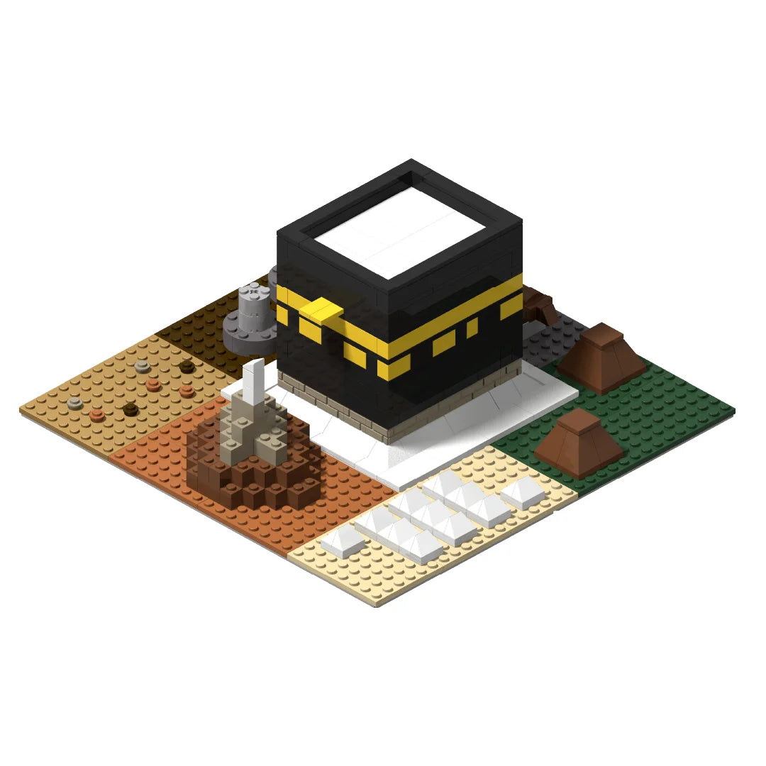 A model of the Kaaba building blocks set on a base with Mina, safa and marwa, arafat, muzdalifah