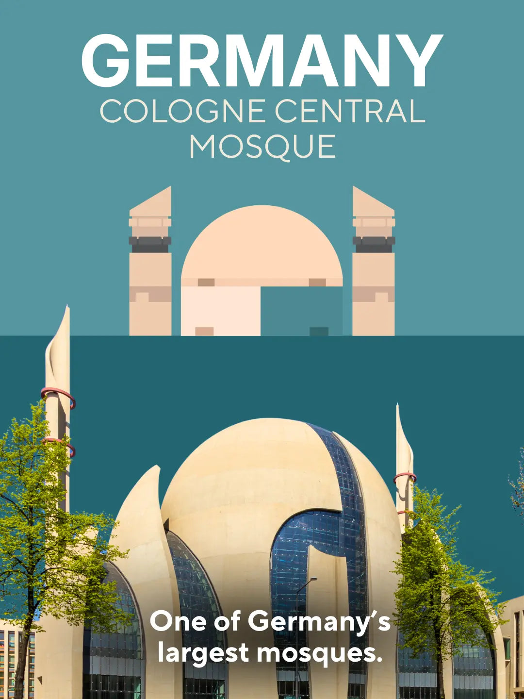 One of Germany's largest mosques: Germany, Cologne Central Mosque panel beside a photo of the real mosque's curved concrete shells, tall glass façades and slim minaret, the modern landmark recreated in the mini building blocks model (mobile copy)