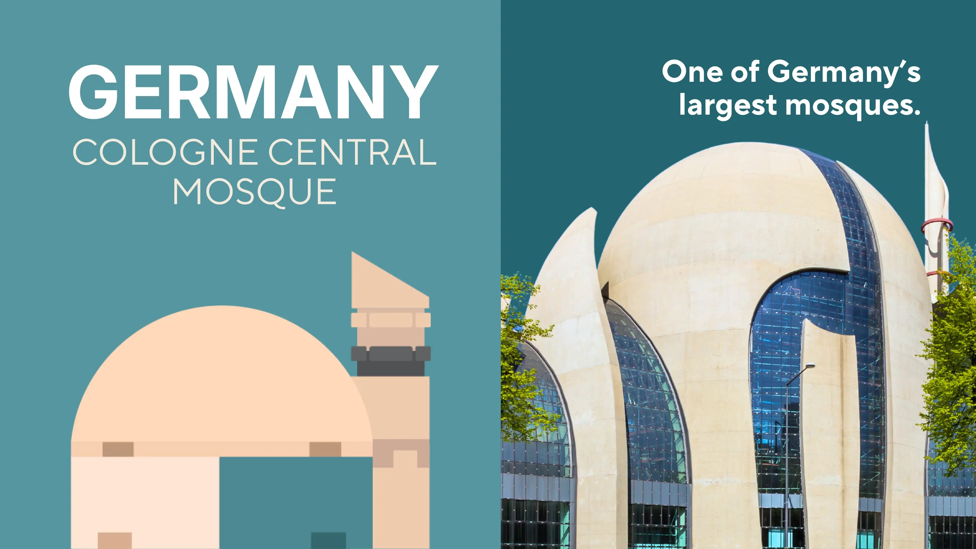 One of Germany's largest mosques: Germany, Cologne Central Mosque panel beside a photo of the real mosque's curved concrete shells, tall glass façades and slim minaret, the modern landmark recreated in the mini building blocks model