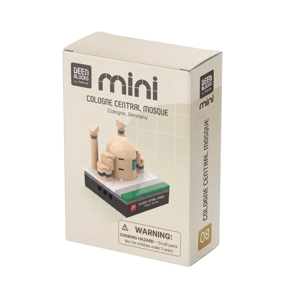 Retail box for the Cologne Central Mosque mini building blocks set, with the DEENBLOCKS Mini logo and the finished model pictured on the front
