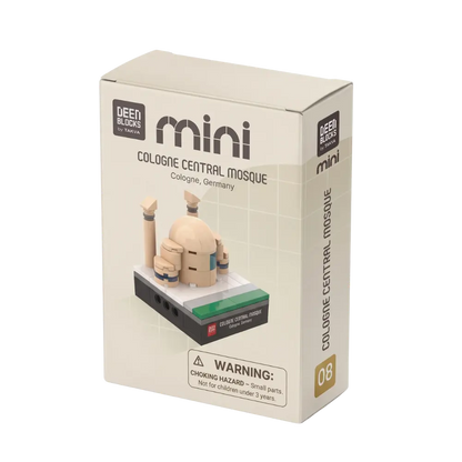 Retail box for the Cologne Central Mosque mini building blocks set, with the DEENBLOCKS Mini logo and the finished model pictured on the front