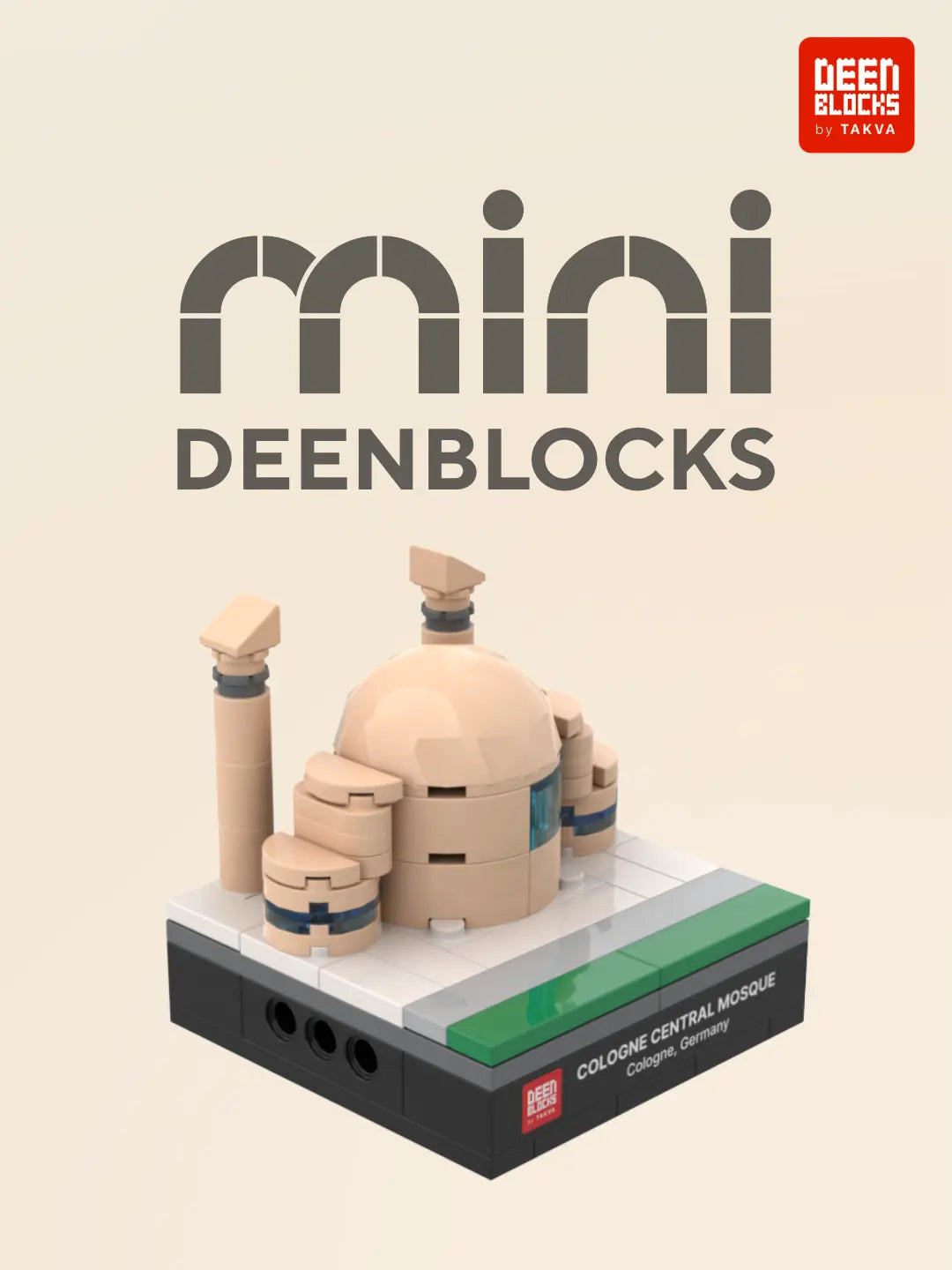 Meet Mini DEENBLOCKS: Cologne Central Mosque mini building blocks model with its sand-coloured shell dome, curved concrete walls with blue glass bands and two slanted-top minarets on a black display base labeled Cologne Central Mosque, Cologne, Germany (mobile copy)