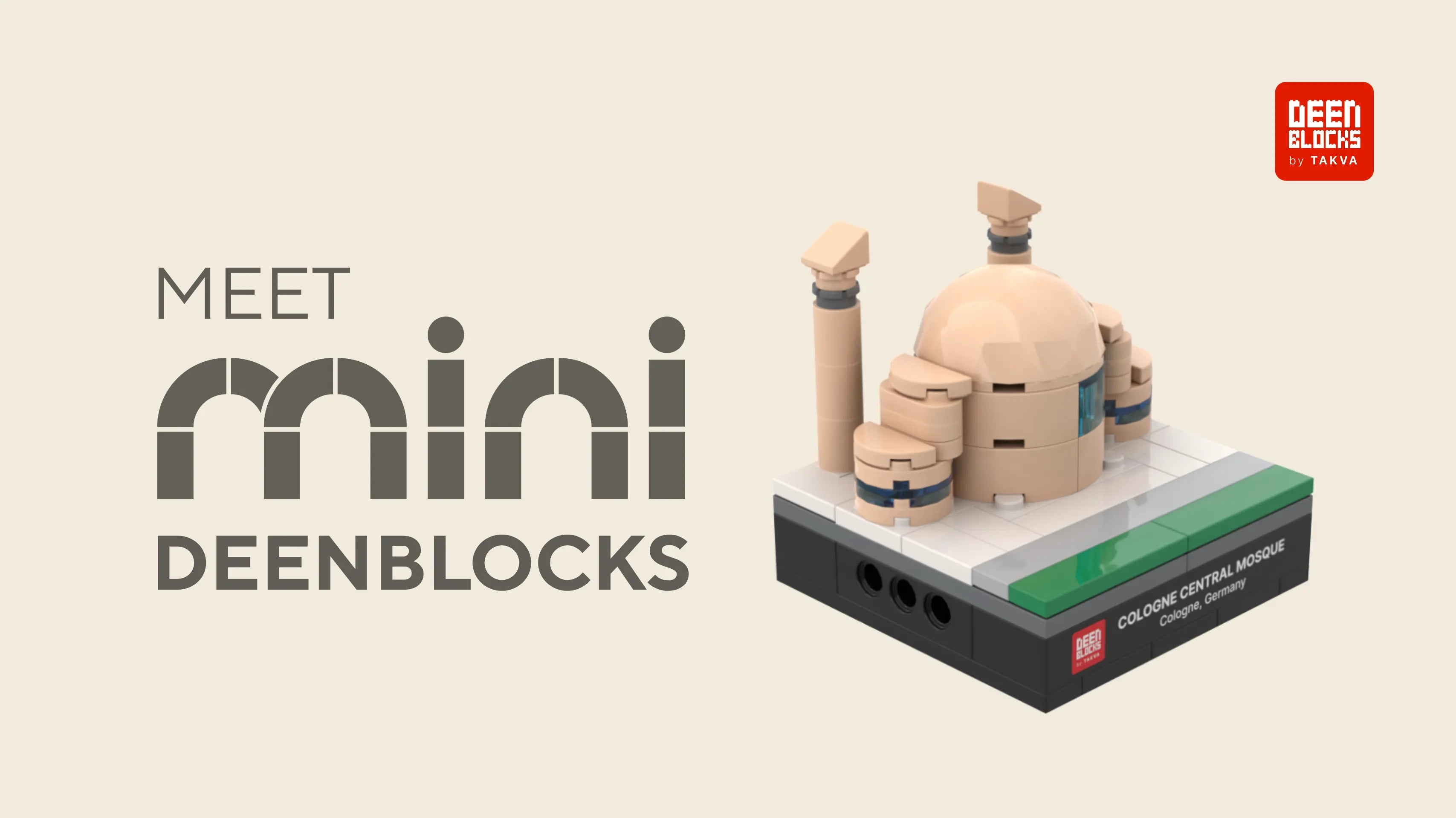 Meet Mini DEENBLOCKS: Cologne Central Mosque mini building blocks model with its sand-coloured shell dome, curved concrete walls with blue glass bands and two slanted-top minarets on a black display base labeled Cologne Central Mosque, Cologne, Germany