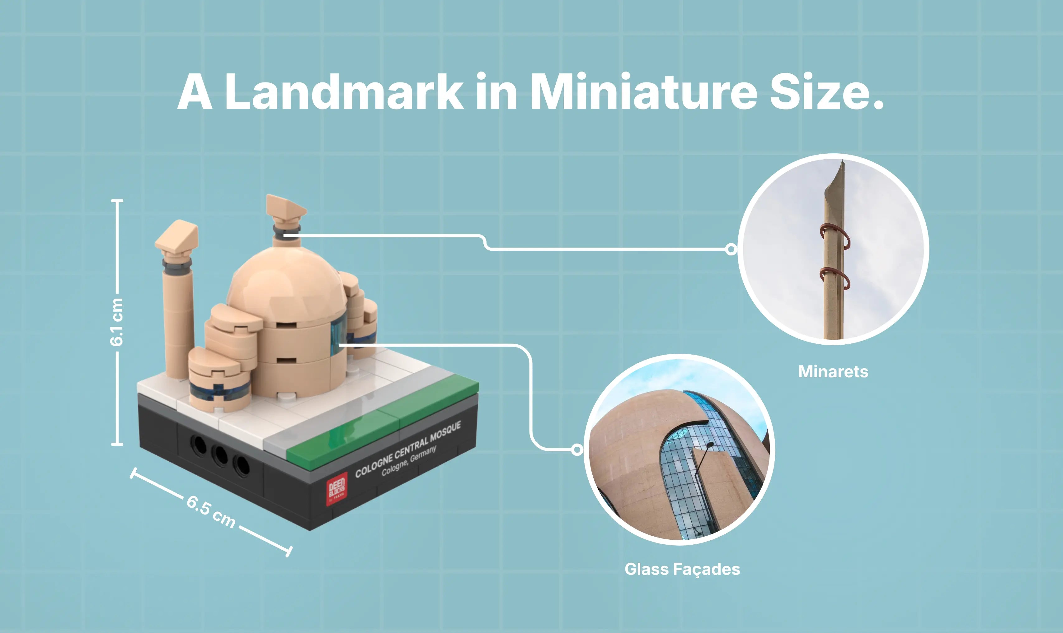 A landmark in miniature size: Cologne Central Mosque mini building blocks model measuring 6.1 cm tall and 6.5 cm wide, with callouts matching its minarets and glass façades to photos of the real mosque in Cologne