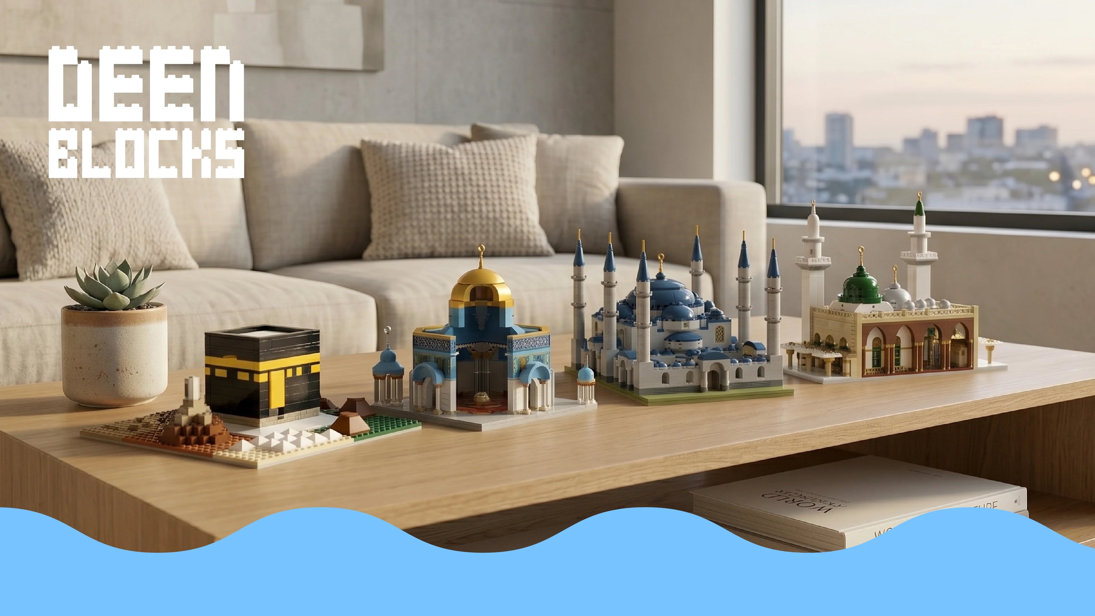 DeenBlocks Foundations building block sets displayed together: Kaaba, Dome of the Rock, Sultan Ahmet Camii Blue Mosque, and Masjid An-Nabawi with a blue wave below