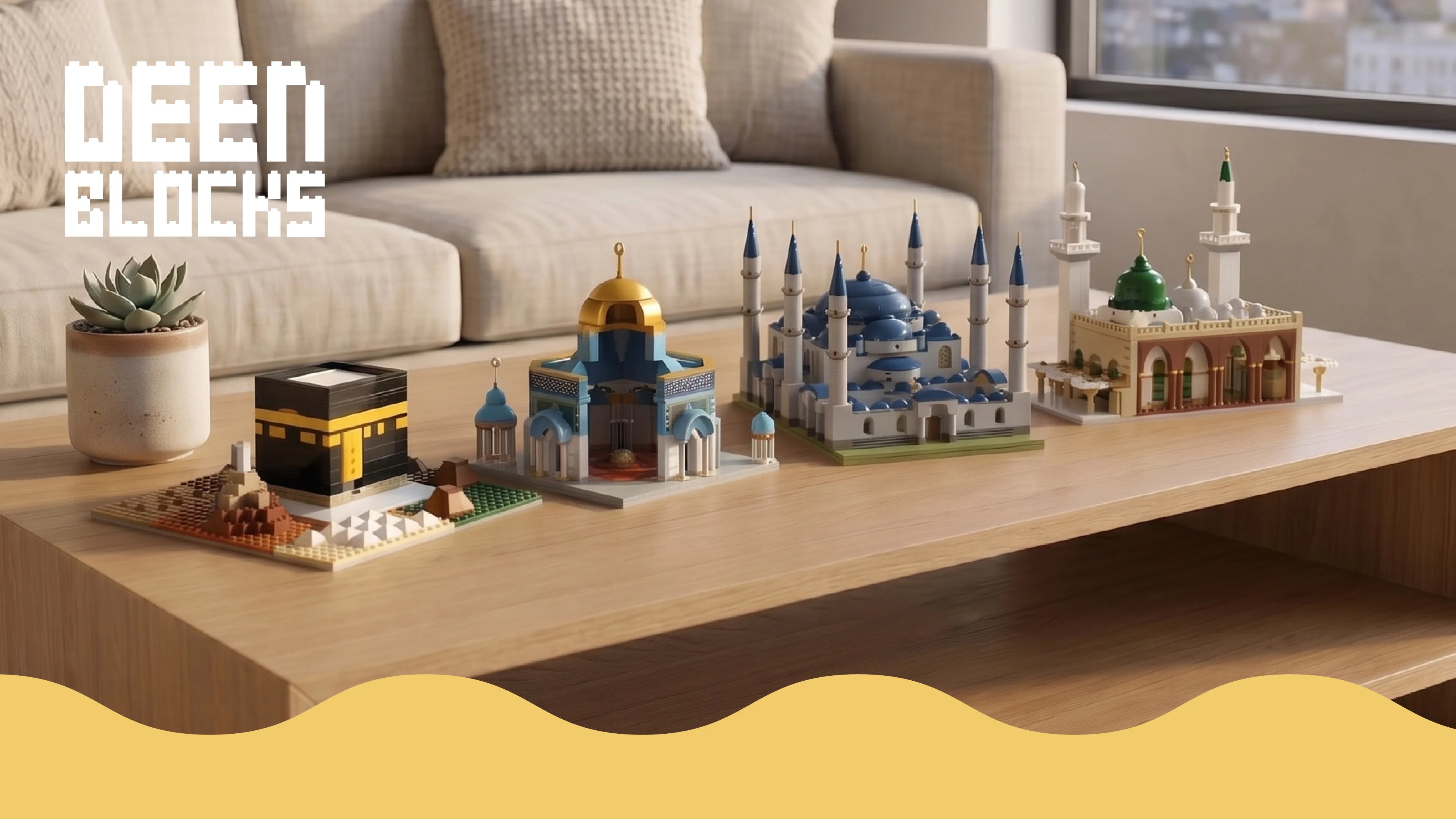 DeenBlocks Foundations building block sets displayed together: Kaaba, Dome of the Rock, Sultan Ahmet Camii Blue Mosque, and Masjid An-Nabawi