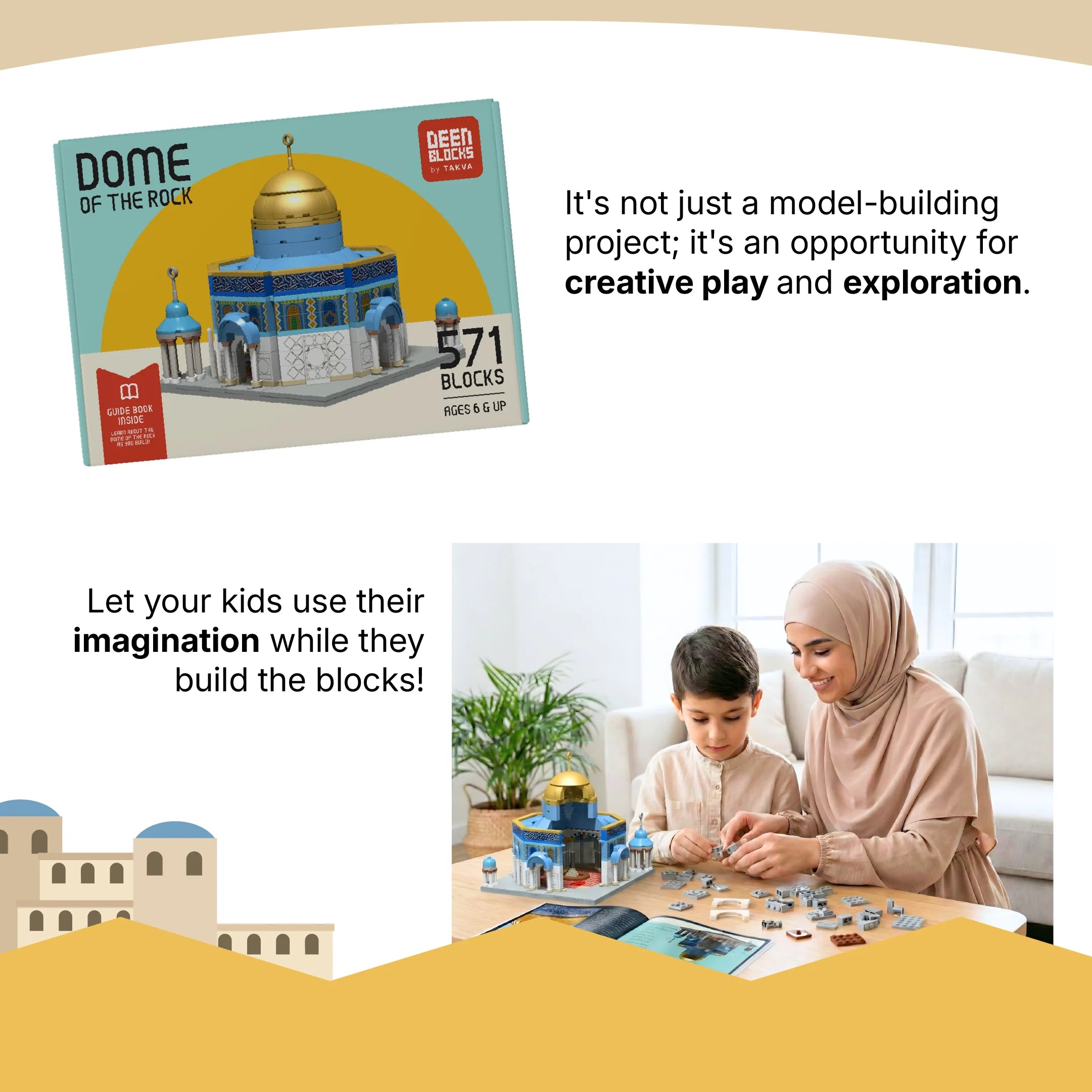 Dome of the Rock building block set packaging showing 571 pieces, ages 6+, and guidebook included, and Mother and son building the Dome of the Rock block set together at home (mobile copy)