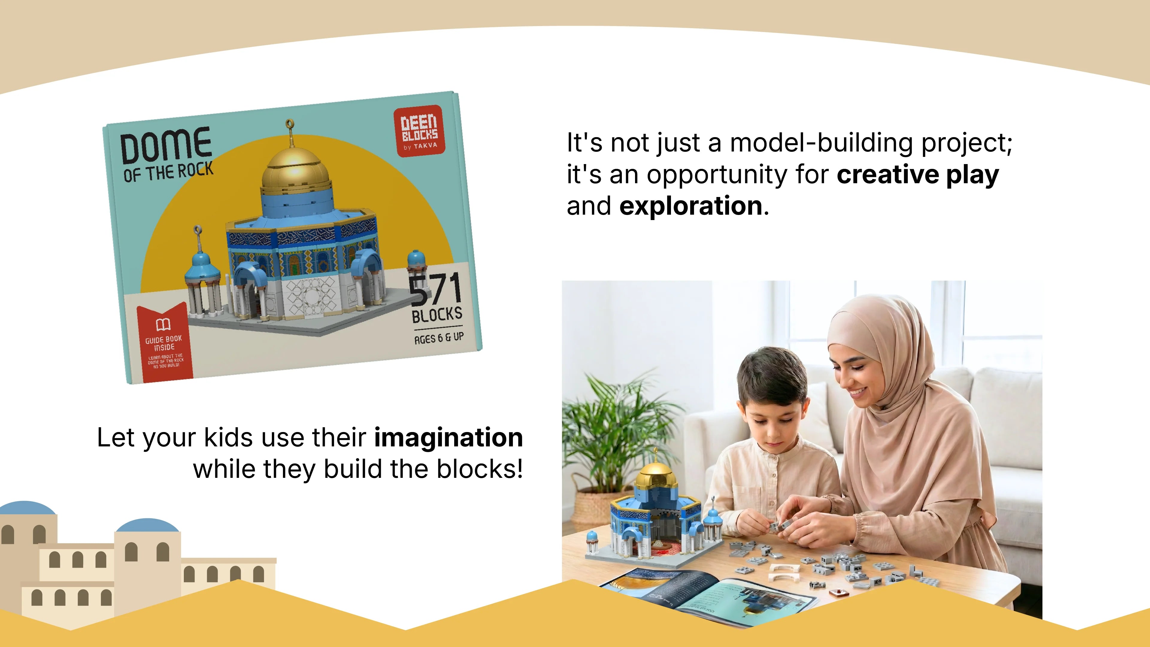 Dome of the Rock building block set packaging showing 571 pieces, ages 6+, and guidebook included, and Mother and son building the Dome of the Rock block set together at home