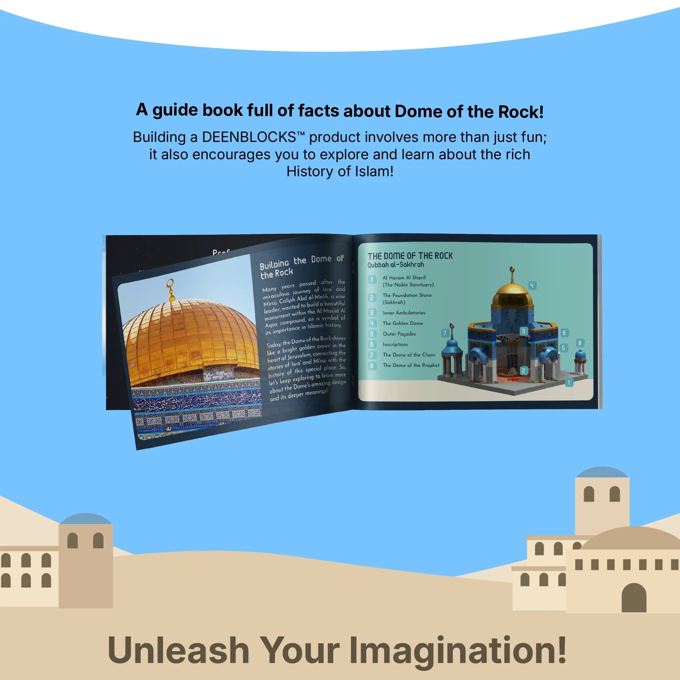 Open Dome of the Rock guidebook page with Isra and Mi'raj history and a labeled feature diagram (mobile copy)