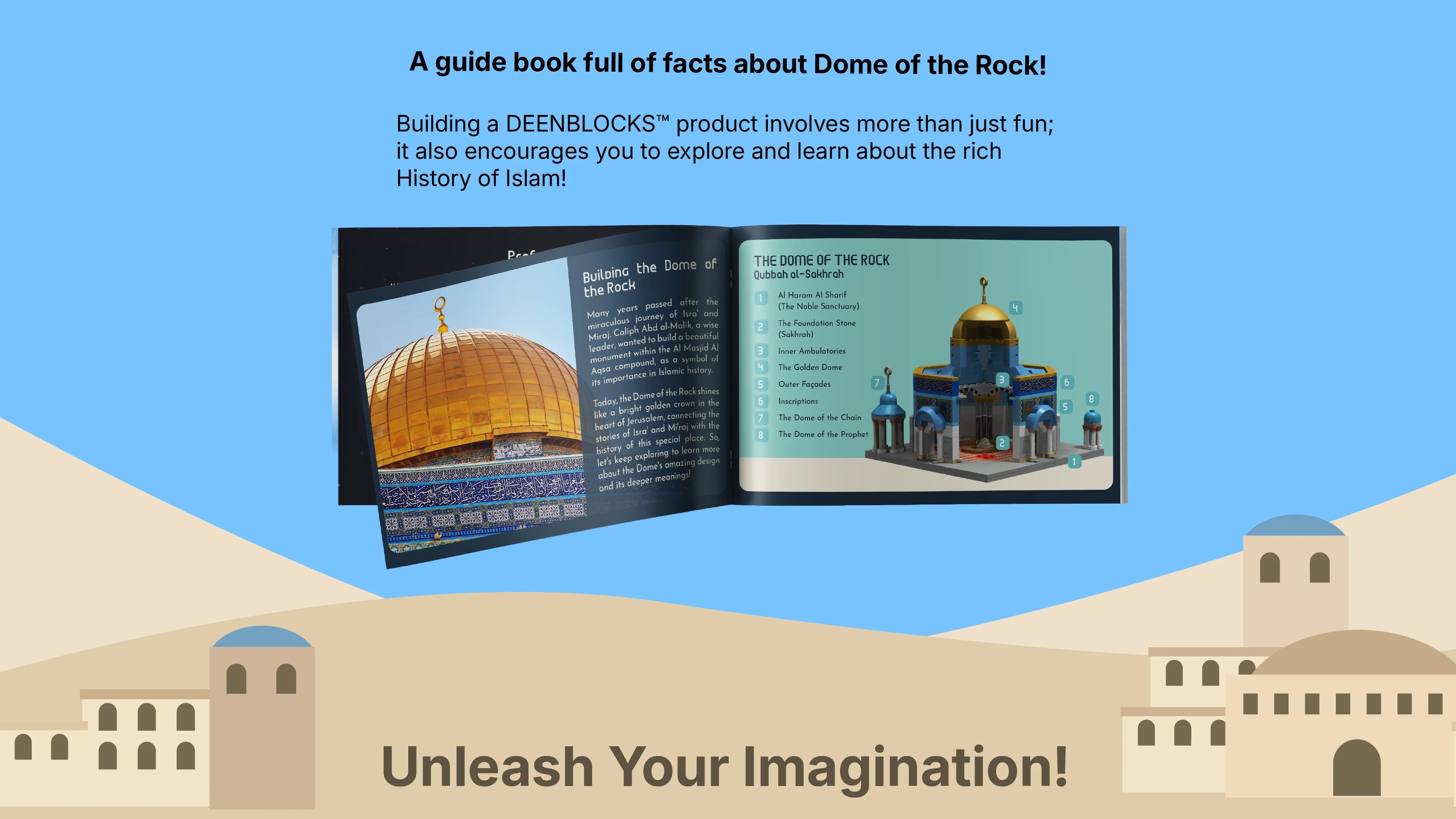 Open Dome of the Rock guidebook page with Isra and Mi'raj history and a labeled feature diagram