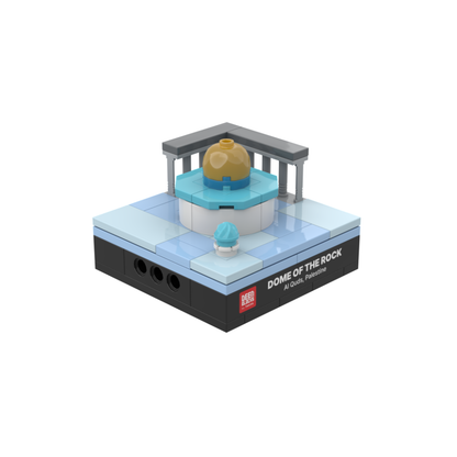 Dome of the Rock mini building blocks set, a desk-size Islamic collectible shown at an angle on white, featuring the golden dome on a turquoise octagon, a grey pillared arcade and the small Dome of the Chain, set on a black DEENBLOCKS nameplate base