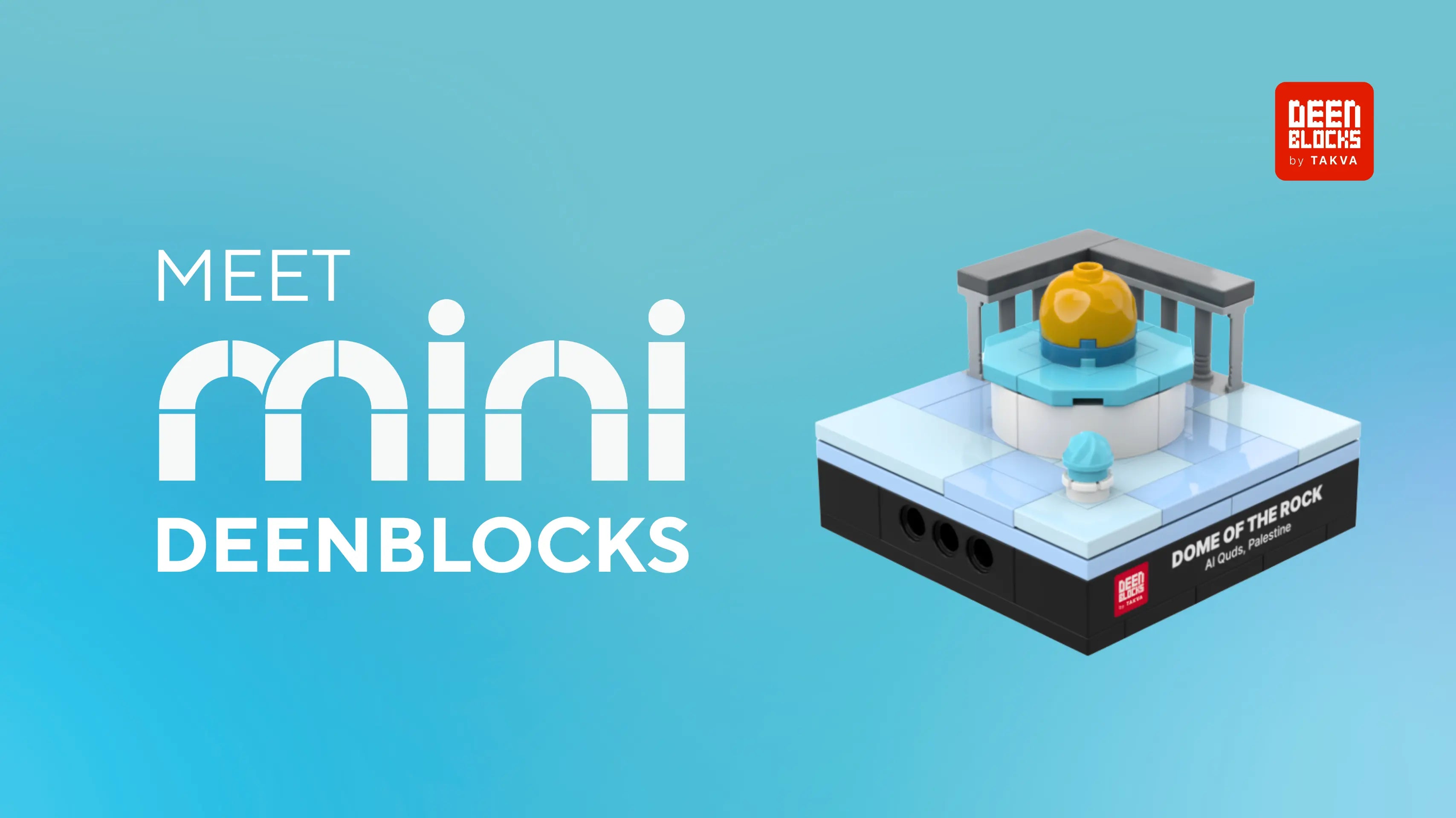 Meet Mini DEENBLOCKS: Dome of the Rock mini building blocks model with its golden dome on a turquoise octagonal base, a grey pillared arcade and the small Dome of the Chain, on a black display base labeled Dome of the Rock, Al Quds, Palestine
