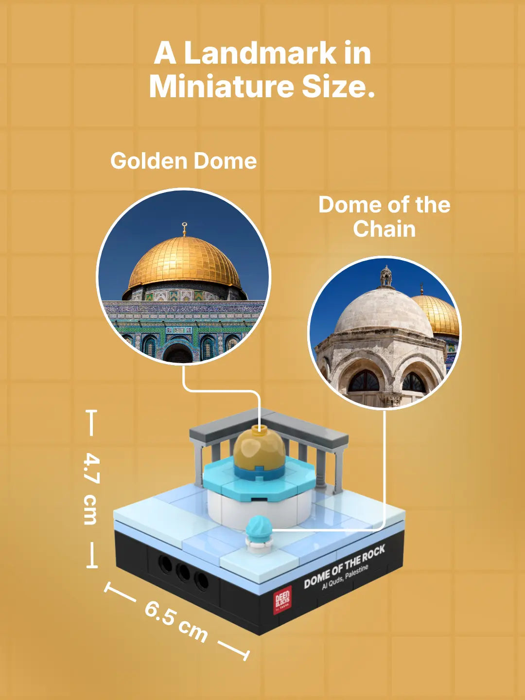A landmark in miniature size: Dome of the Rock mini building blocks model measuring 4.7 cm tall and 6.5 cm wide, with callouts matching its golden dome and Dome of the Chain to photos of the real sites in Al Quds (mobile copy)