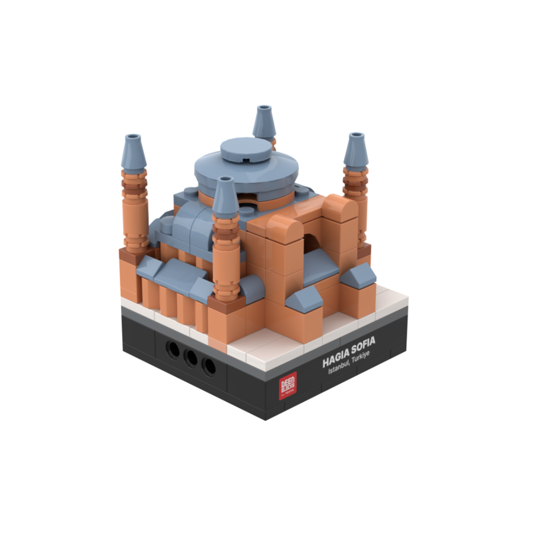 Hagia Sophia mini building blocks set, a desk-size Islamic collectible shown at an angle on white, featuring its grey-blue main dome, terracotta walls and four minarets, set on a black DEENBLOCKS nameplate base
