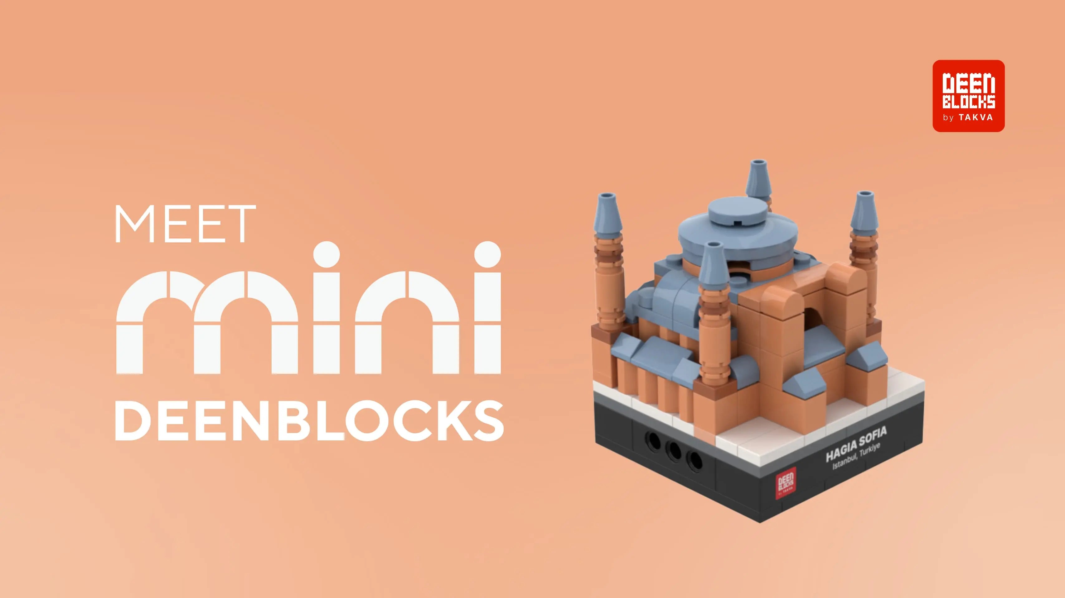 Meet Mini DEENBLOCKS: Hagia Sophia mini building blocks model with terracotta walls, a grey-blue main dome, cascading side domes and four slender minarets on a black display base labeled Hagia Sofia, Istanbul, Türkiye