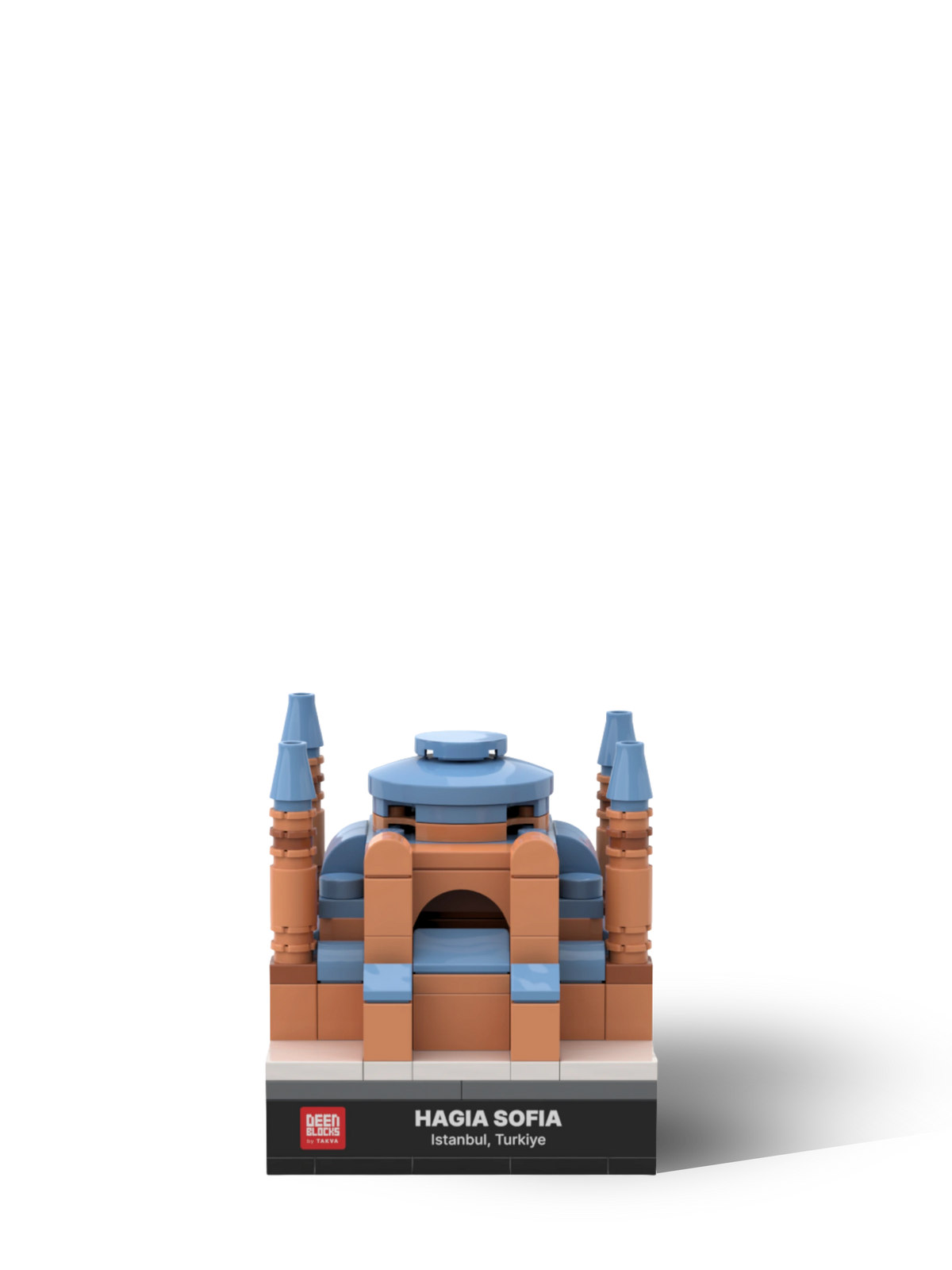 Front view of the Hagia Sophia mini building blocks model, with its grey-blue main dome, terracotta walls and four minarets above a black nameplate reading Hagia Sofia, Istanbul, Türkiye
