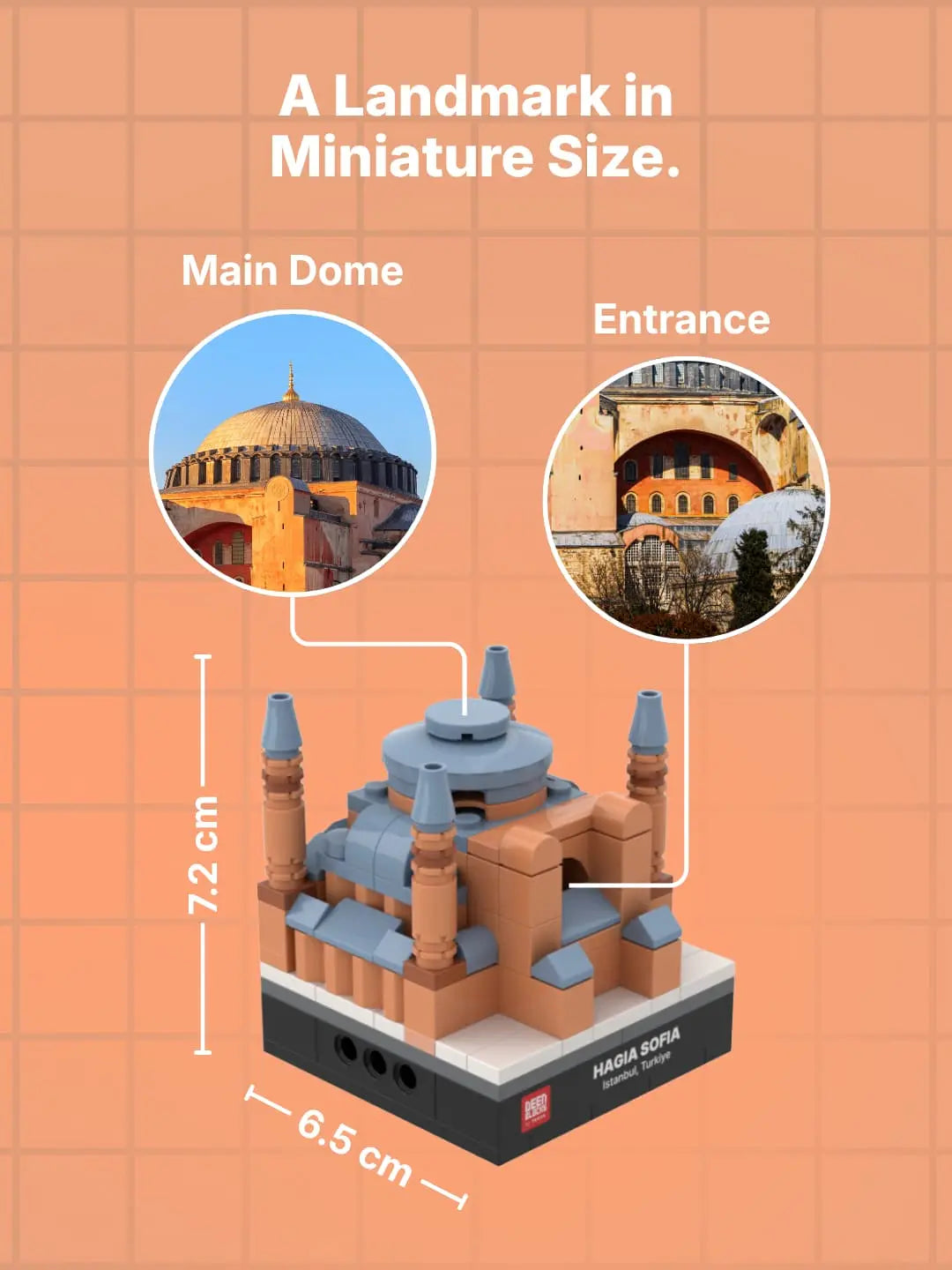 A landmark in miniature size: Hagia Sophia mini building blocks model measuring 7.2 cm tall and 6.5 cm wide, with callouts matching its main dome and entrance to photos of the real mosque in Istanbul (mobile copy)