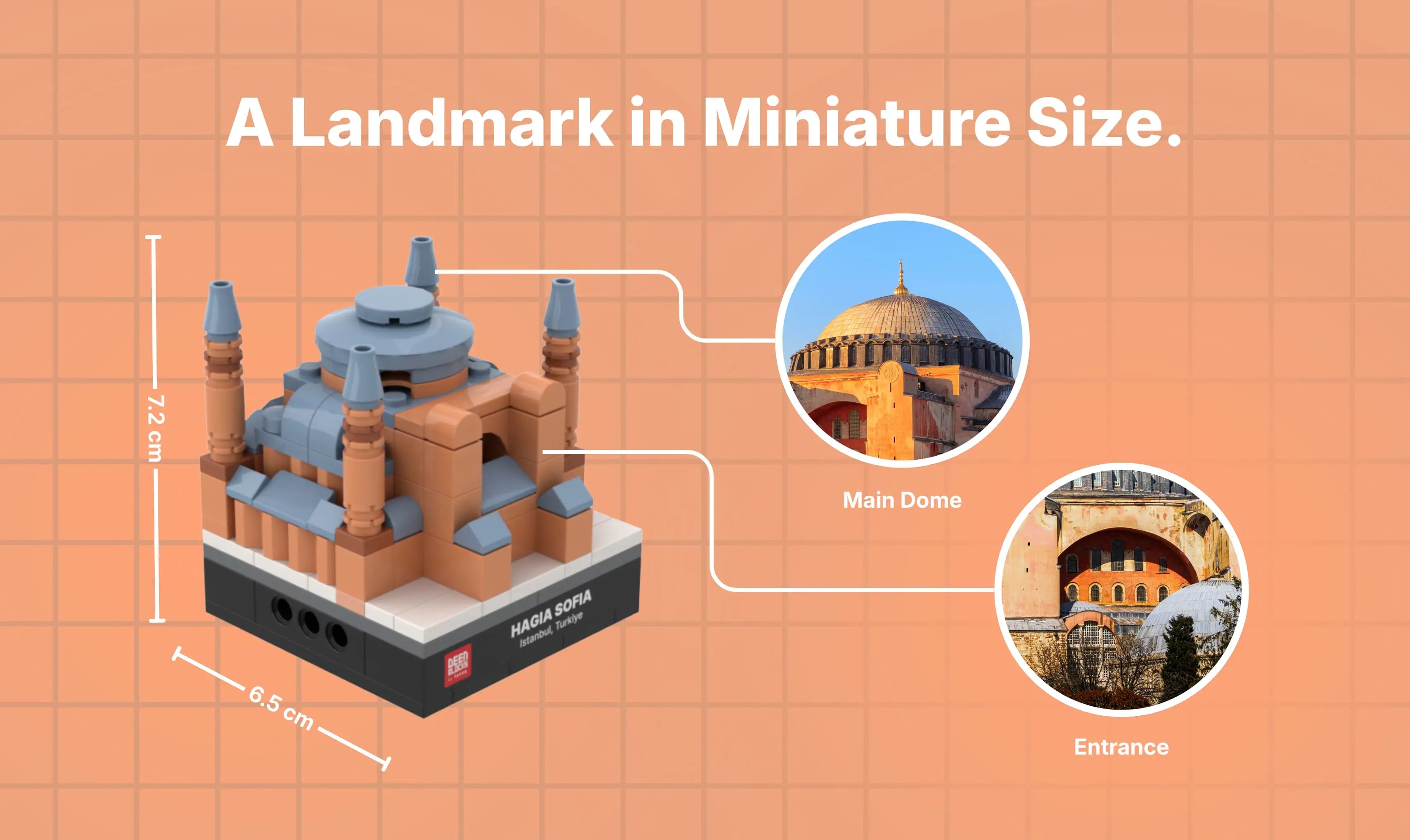 A landmark in miniature size: Hagia Sophia mini building blocks model measuring 7.2 cm tall and 6.5 cm wide, with callouts matching its main dome and entrance to photos of the real mosque in Istanbul