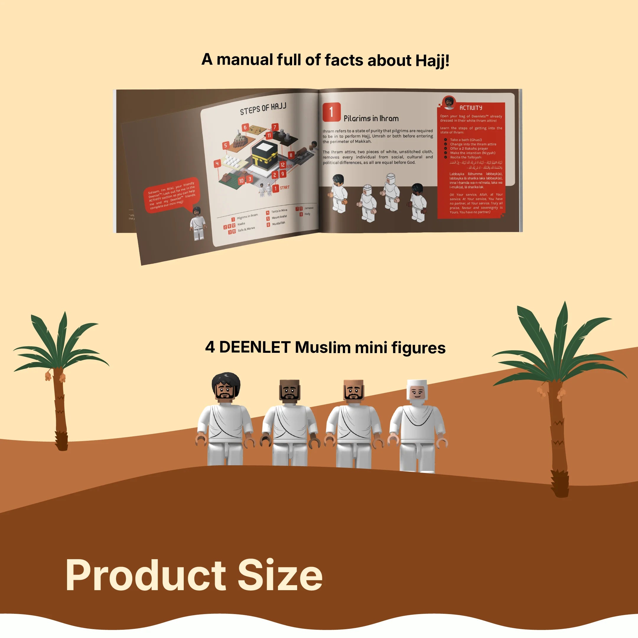 Contents of the DeenBlocks Kaaba and Hajj Pilgrimage set: manual and ihram-clothed mini figures
