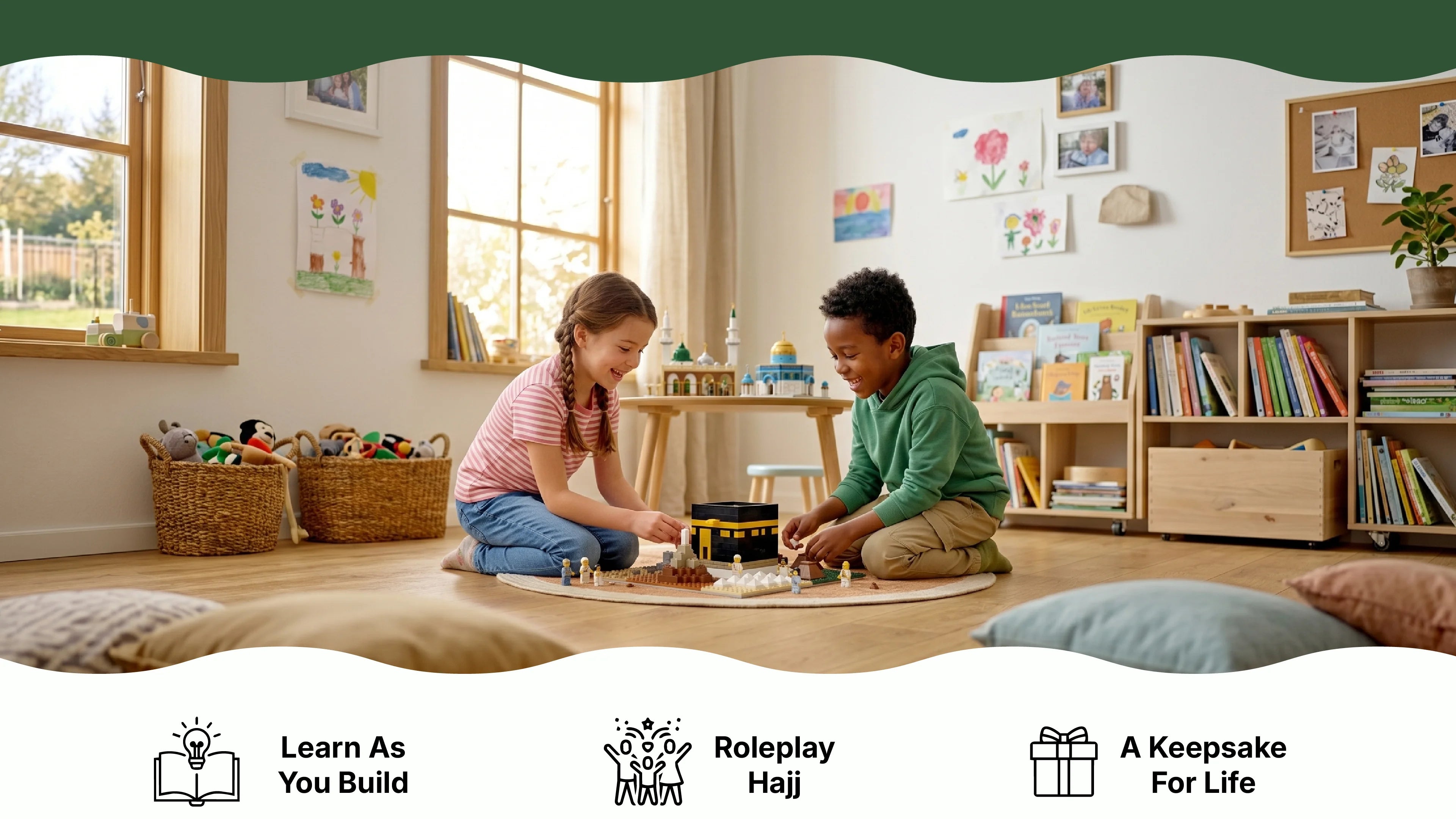 Children playing with the DeenBlocks Kaaba and Hajj Pilgrimage building block set at home