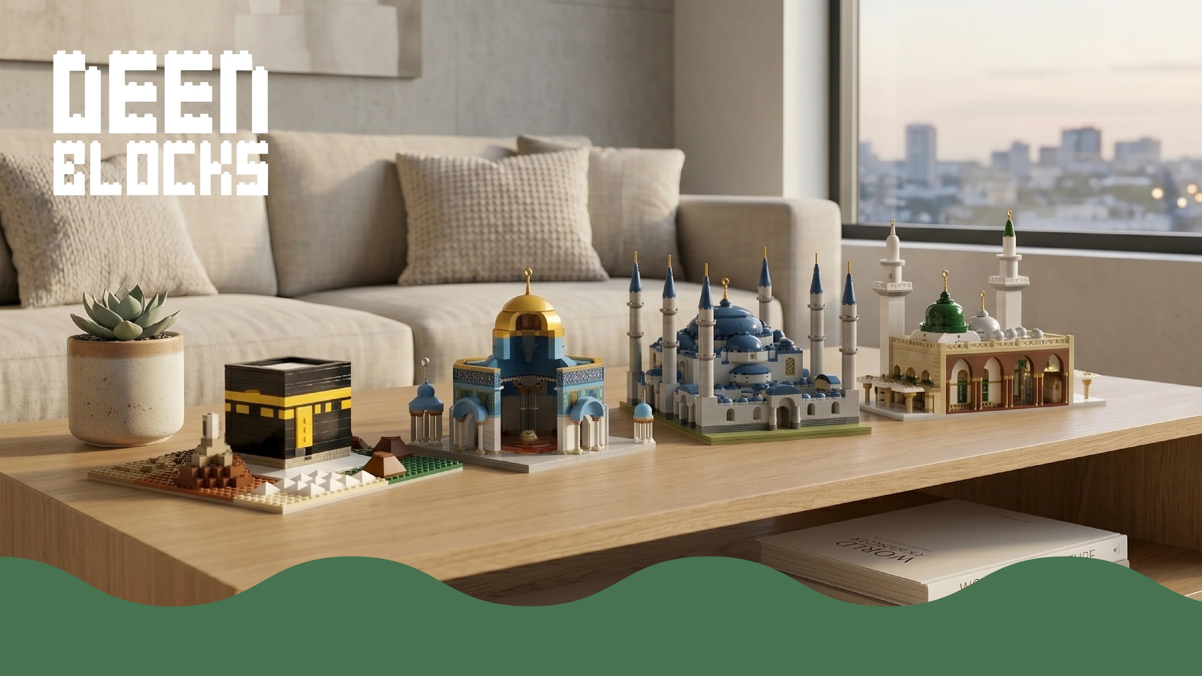 Masjid An-Nabawi (Prophet's Mosque) alongside the rest of the DeenBlocks Landmarks Series — Hajj Pilgrimage, Dome of the Rock, and Blue Mosque — displayed on a coffee table with the product's green wave
